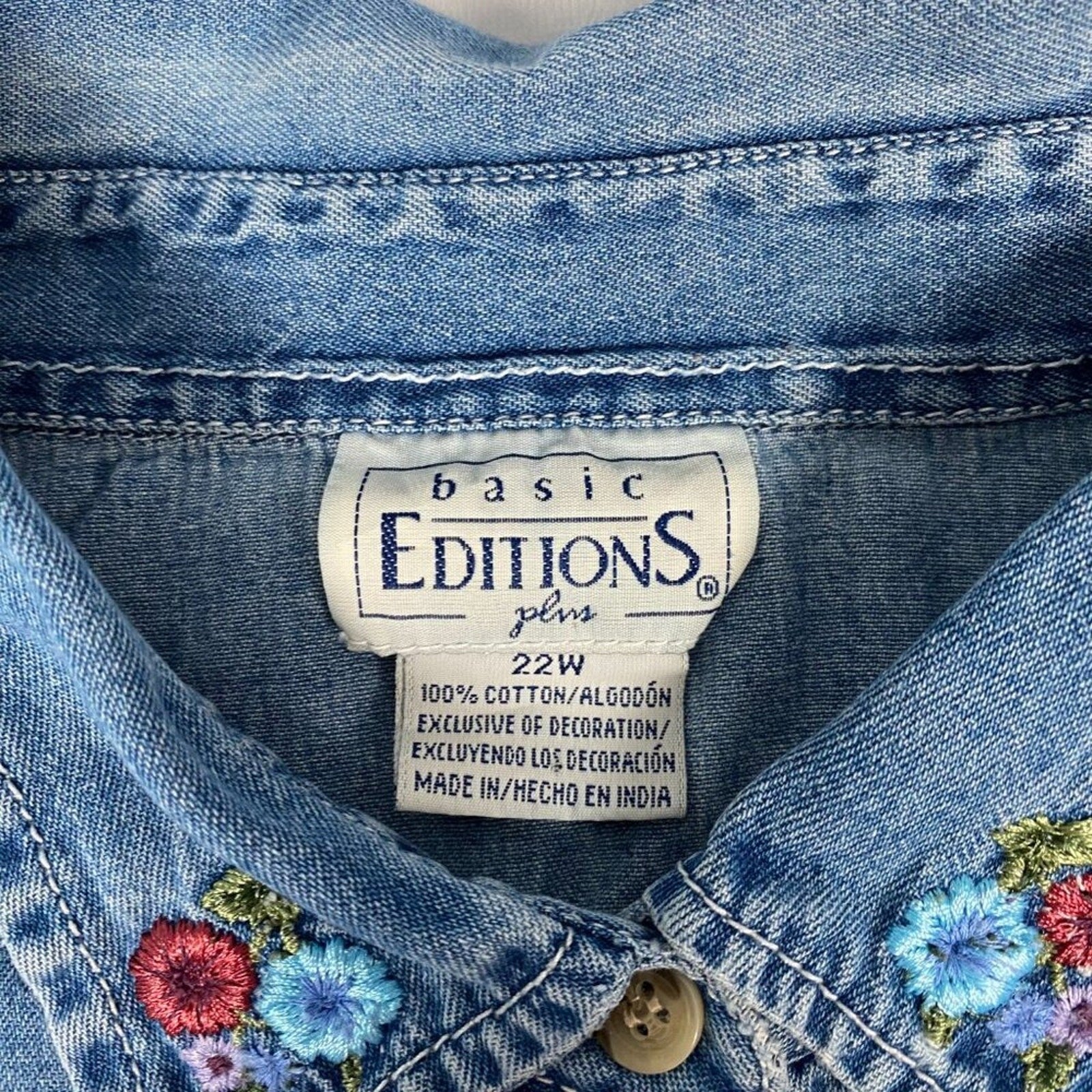 Vintage Basic Editions Cotton Flower Floral Embroidered Denim Style Button Shirt