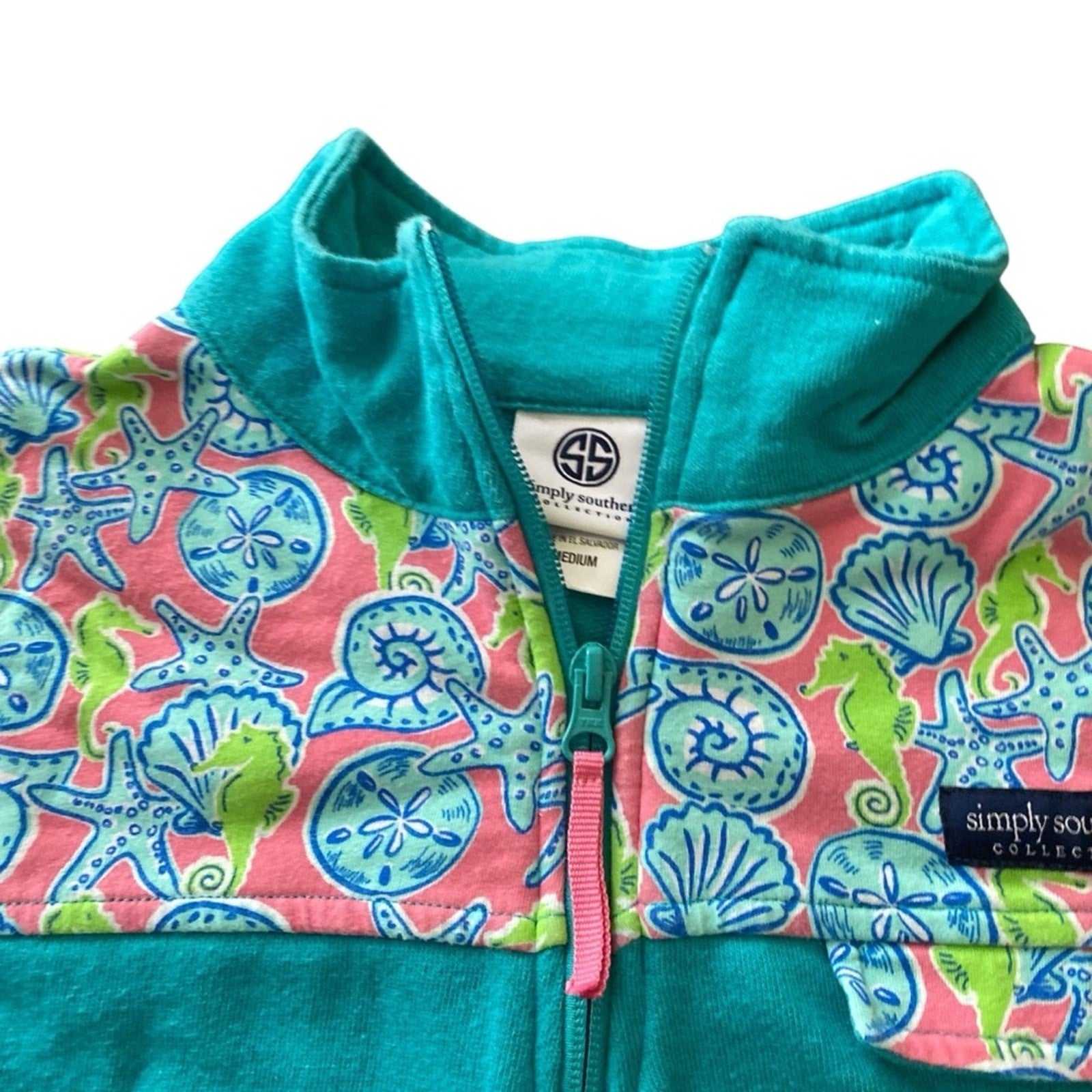 Simply Southern Seahorse Shellfish Starfish Ocean 1/4 Zip Blue Pink Sweater
