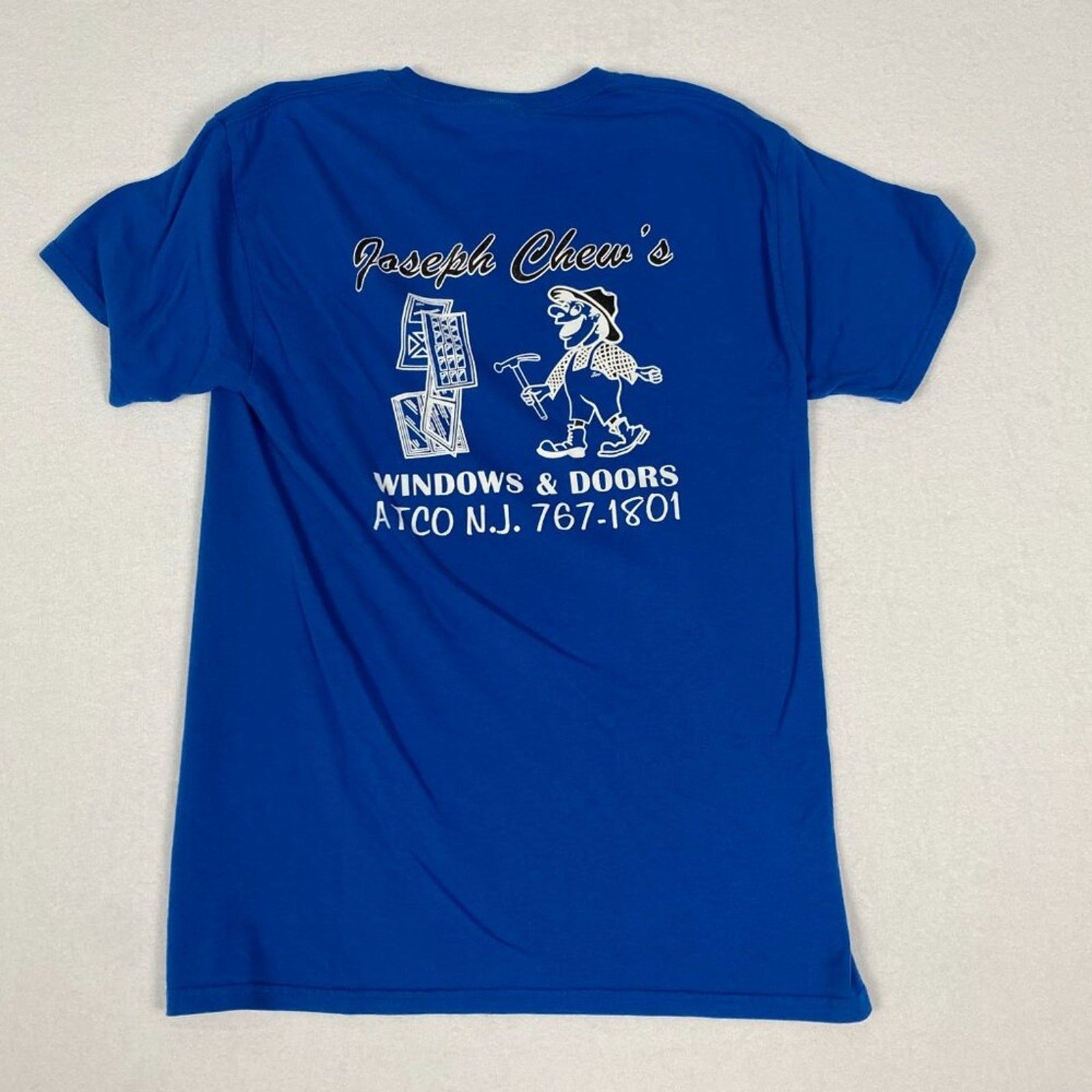 Joseph Chew's Construction Window and Doors Graphic Blue Tee Size Medium