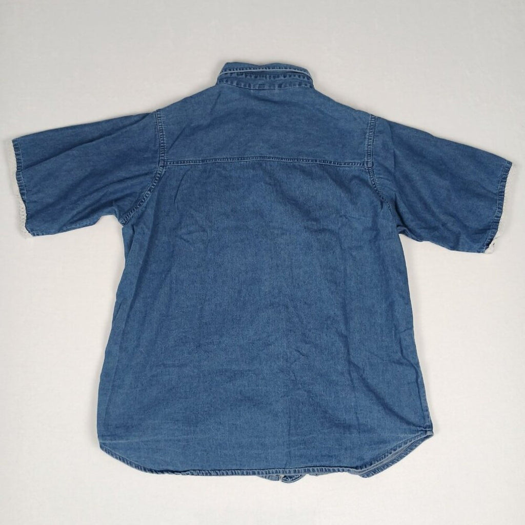 Vintage Floral Embroidered Denim Blue Cotton Metal Button Pocket Long Shirt