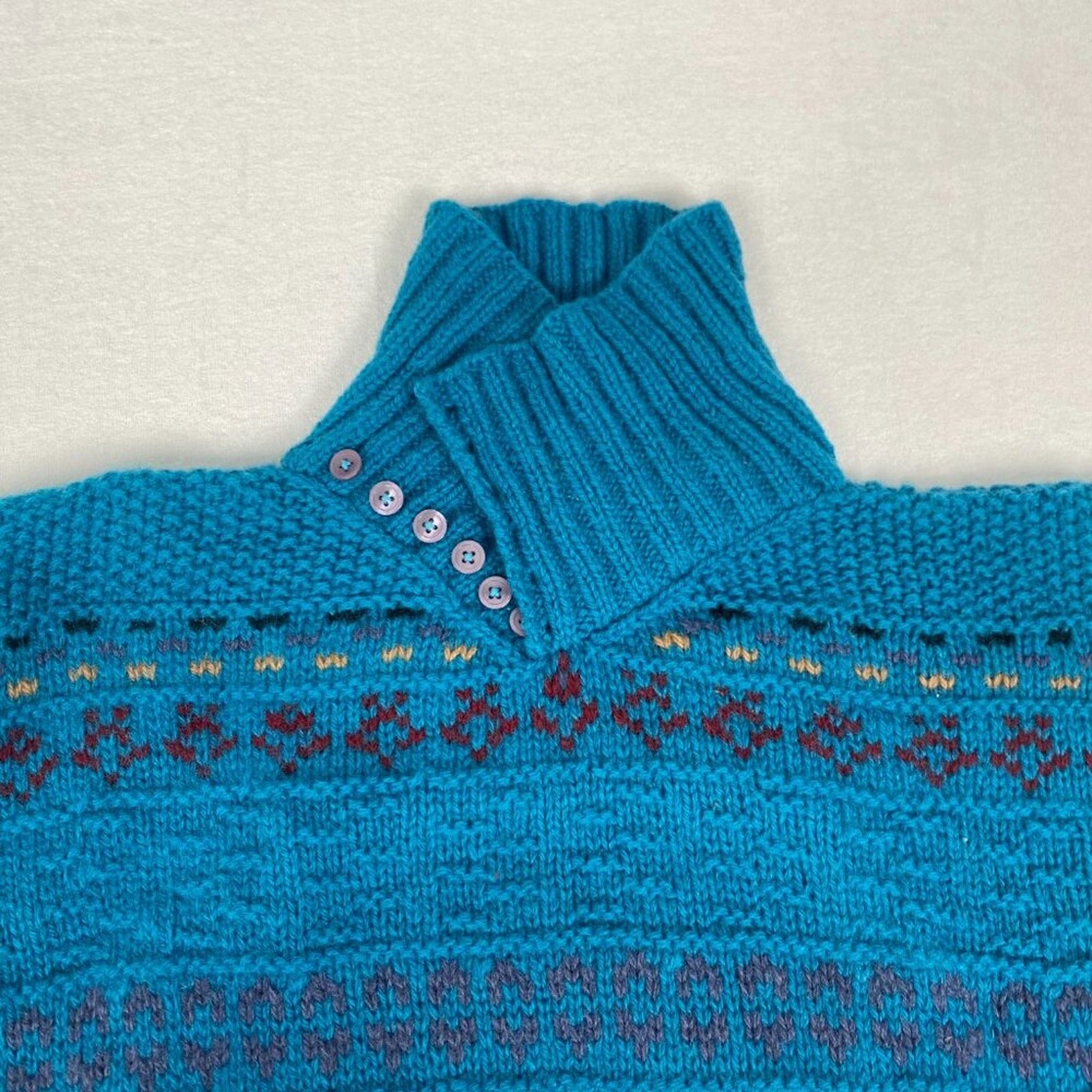 Vintage Skyr Shetland Wool Fair Isle Geometric Striped Button Cowl Sweater