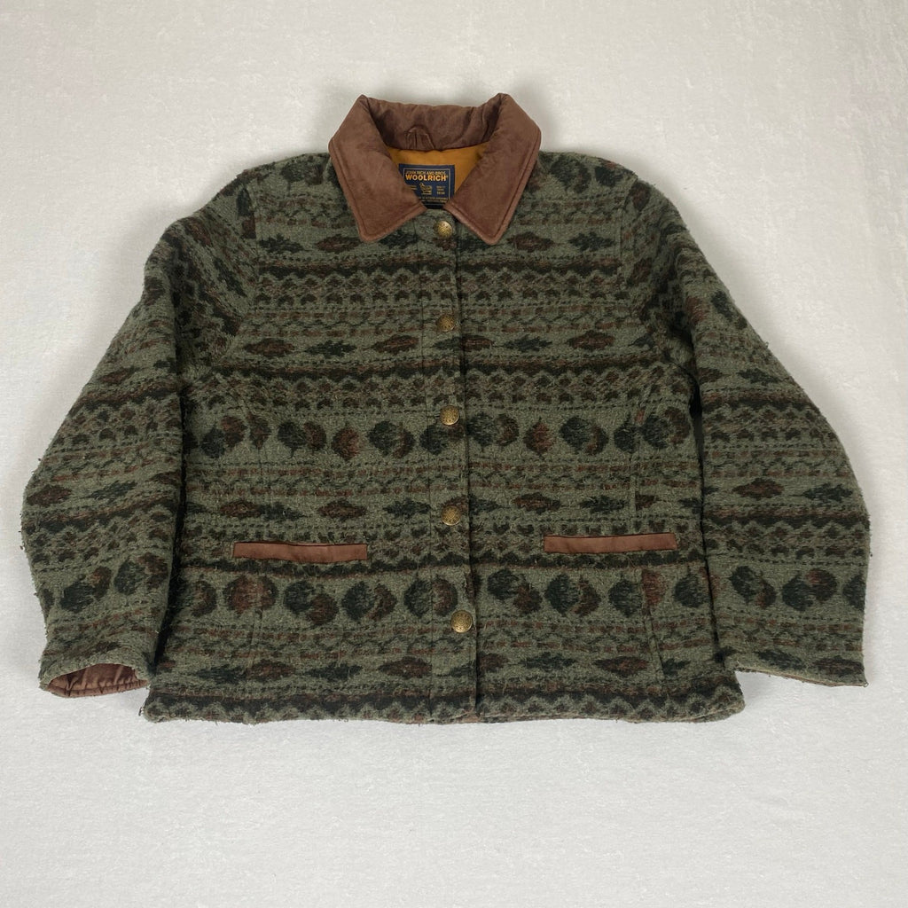 Woolrich Made in USA Native Fall Leaf Navajo Print Green Metal Button Coat