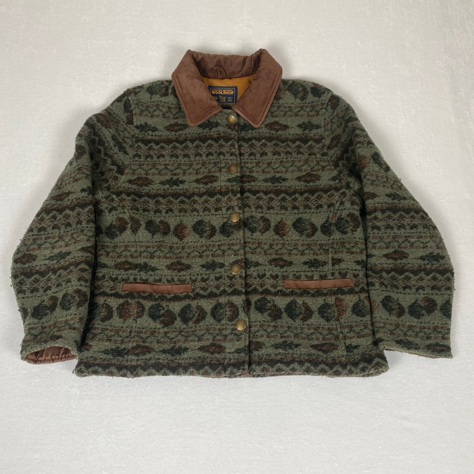 Woolrich Made in USA Native Fall Leaf Navajo Print Green Metal Button Coat