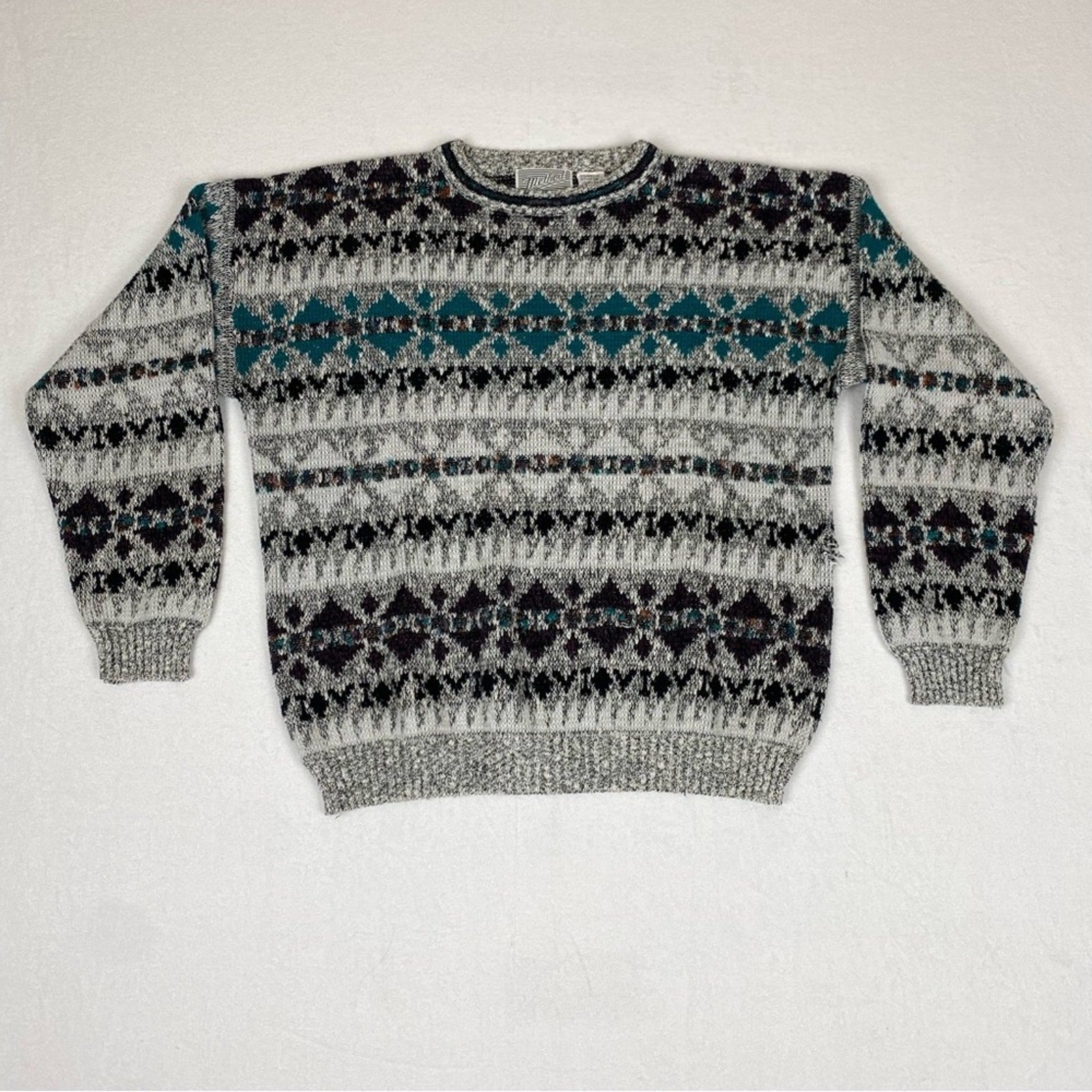 Vintage Method 90s Fair Isle Knit Grey Blue Sweater Large