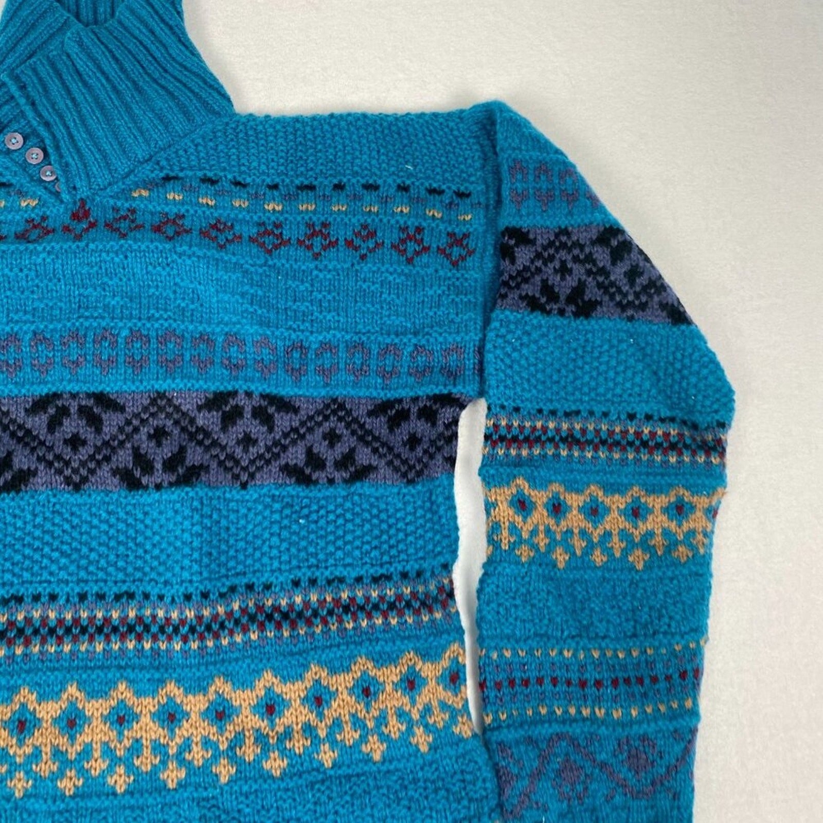 Vintage Skyr Shetland Wool Fair Isle Geometric Striped Button Cowl Sweater