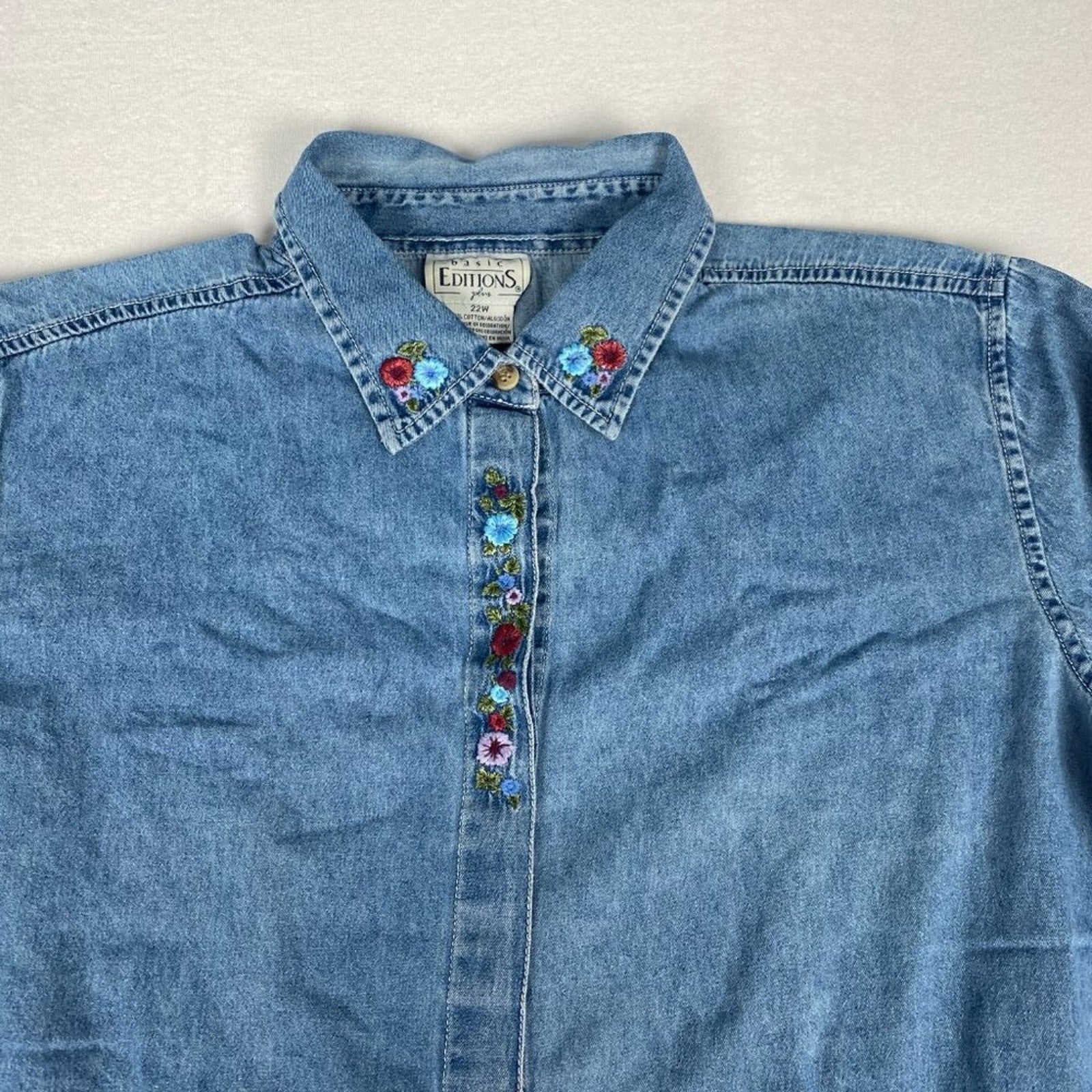 Vintage Basic Editions Cotton Flower Floral Embroidered Denim Style Button Shirt