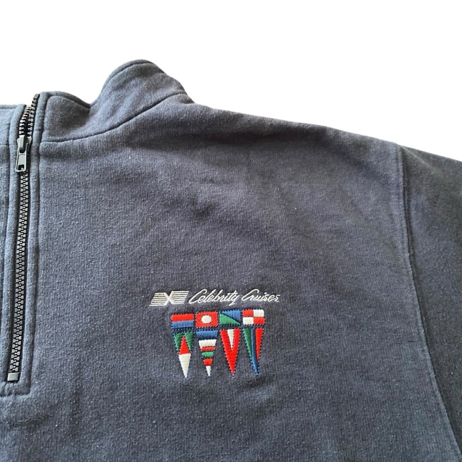 Y2K Celebrity Cruises Sailing Maritime Flags Navy Blue 1/4 Zip Sweatshirt Large.