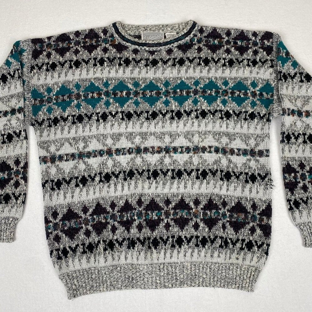 Vintage Method 90s Fair Isle Knit Grey Blue Sweater Large