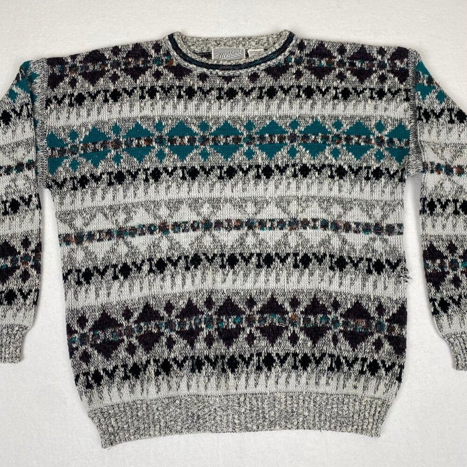 Vintage Method 90s Fair Isle Knit Grey Blue Sweater Large