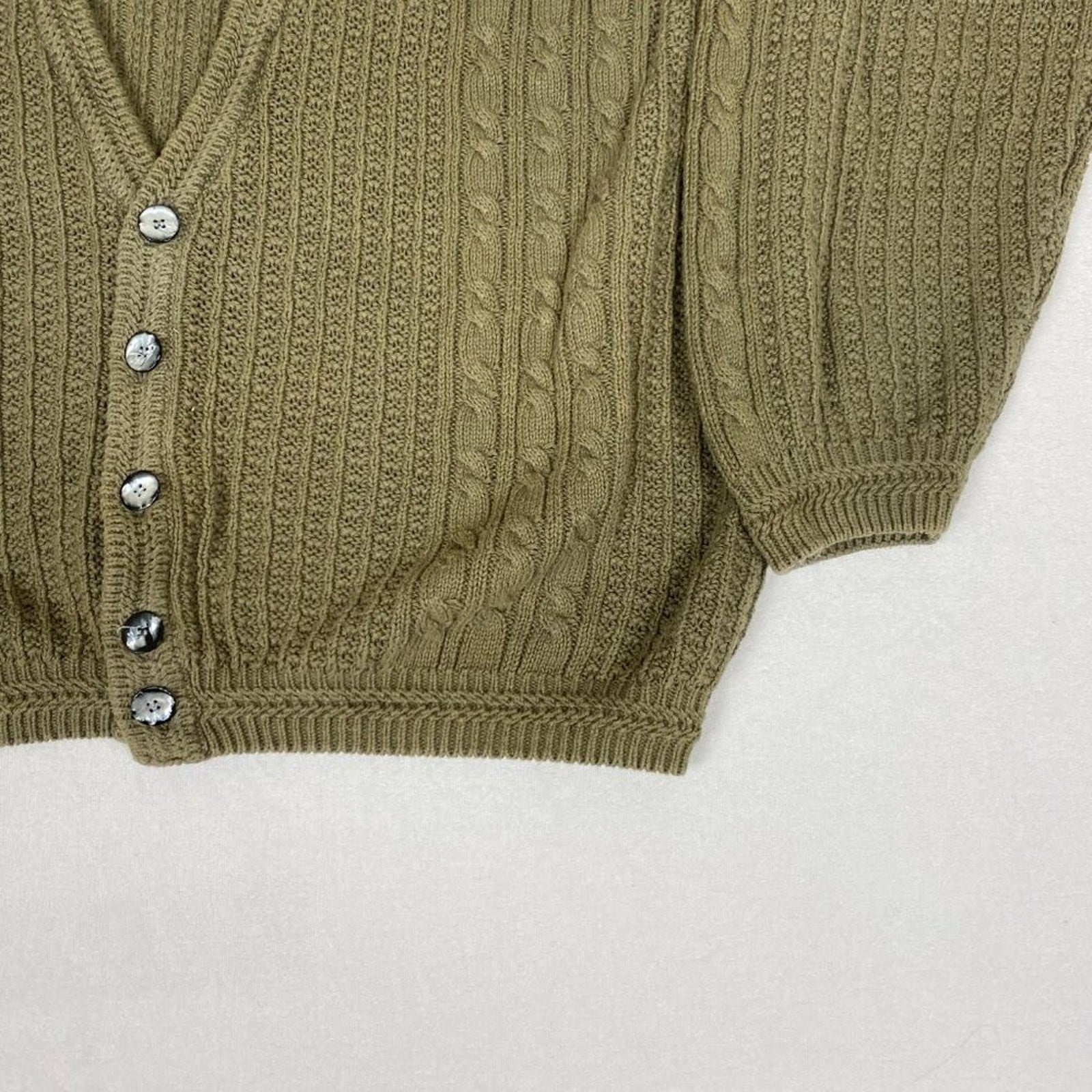 Vintage Ramie Cotton Blend Concrete Heavy Cable Knit Green Button Down Cardigan