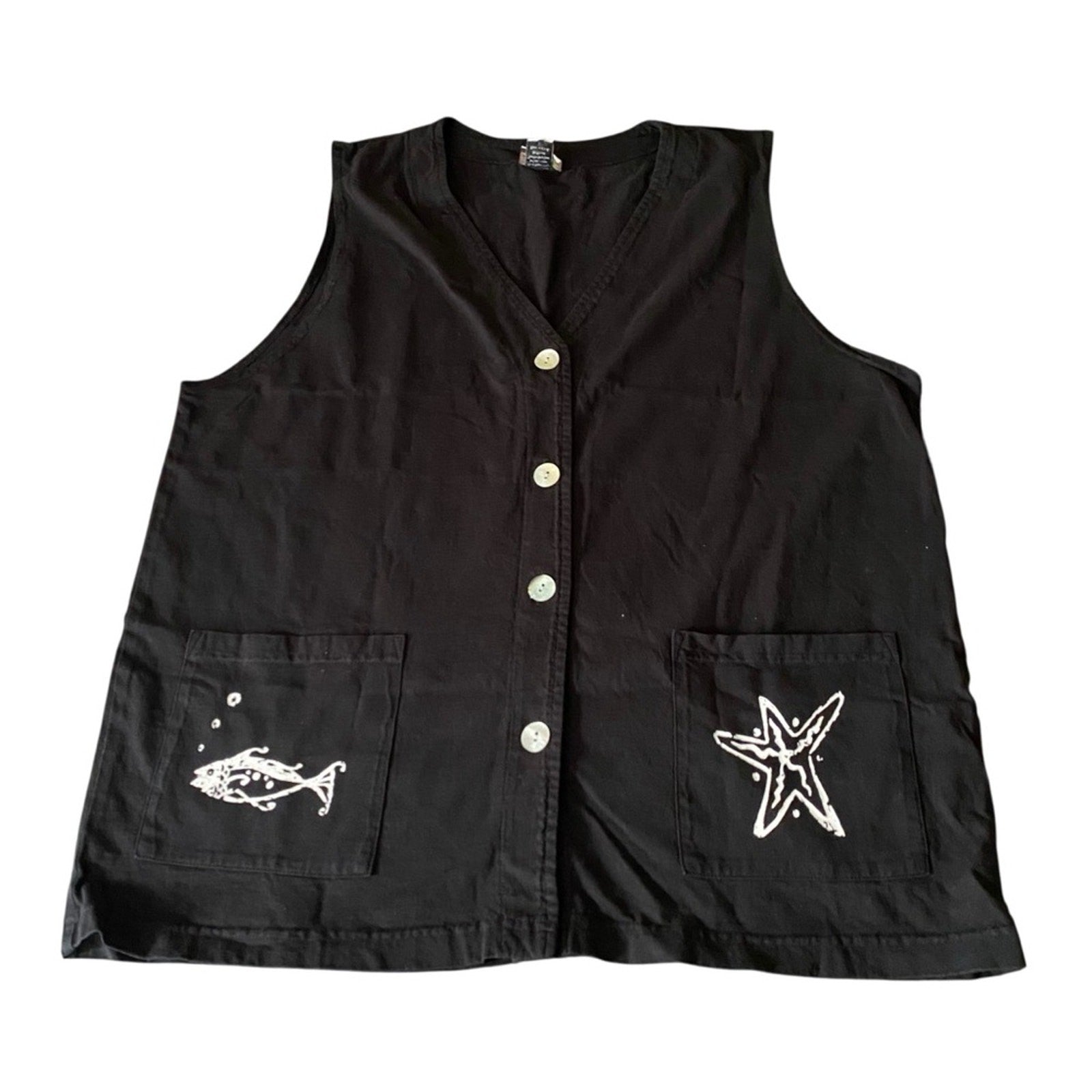 Vintage Made in USA Cactus Fish Starfish Ocean Sleeveless Button Up Black Vest