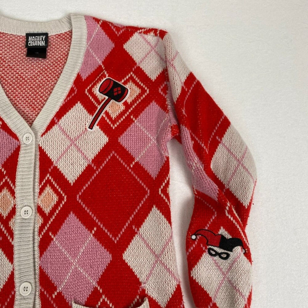 Harley Quinn DC Comics Batman Red Pink Plaid Button Down Patch Cardigan Small