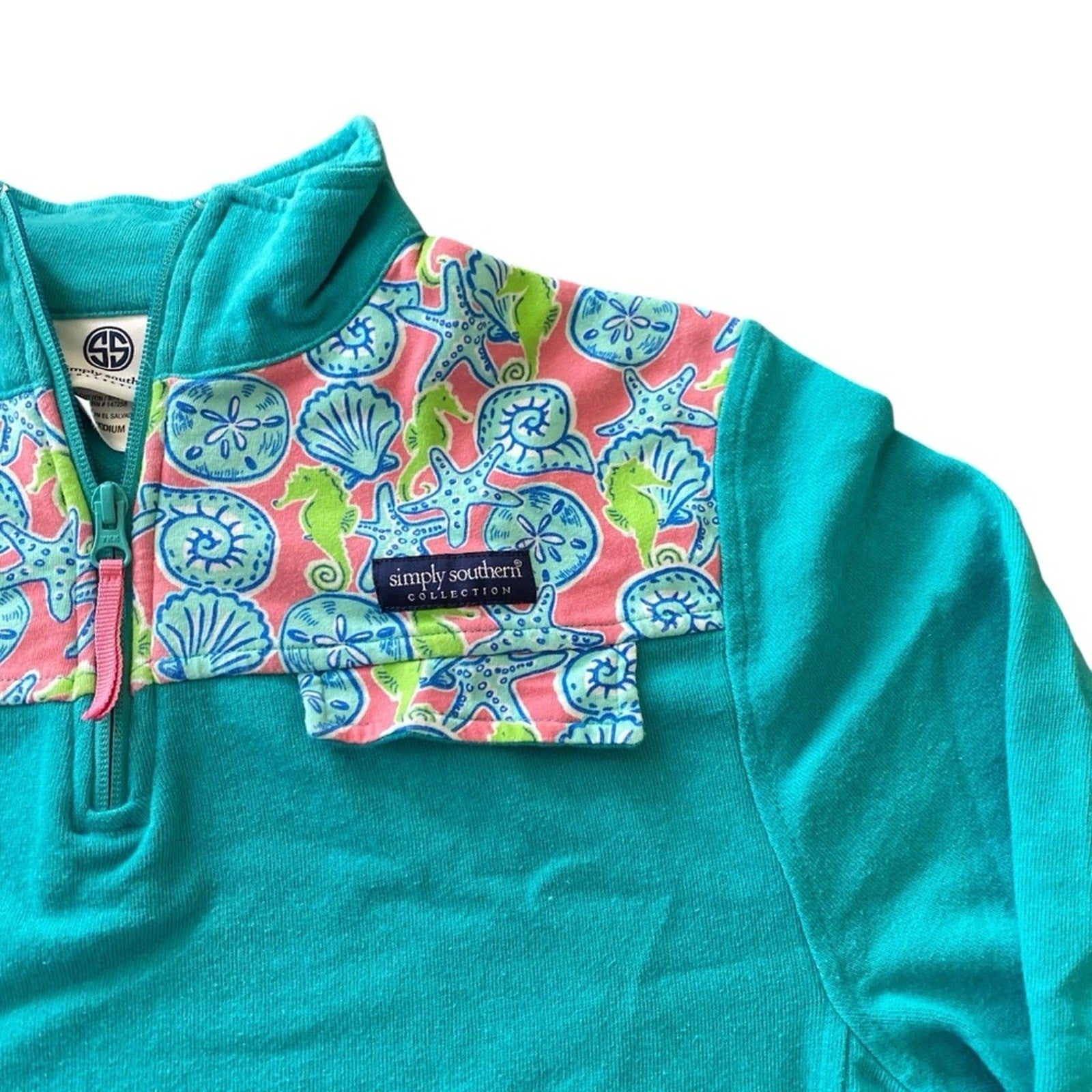 Simply Southern Seahorse Shellfish Starfish Ocean 1/4 Zip Blue Pink Sweater