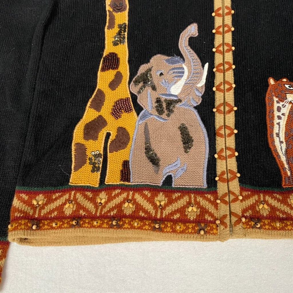 Arriviste Ramie Cotton Safari Animals Palm Knit Beaded Embroidered Sweater