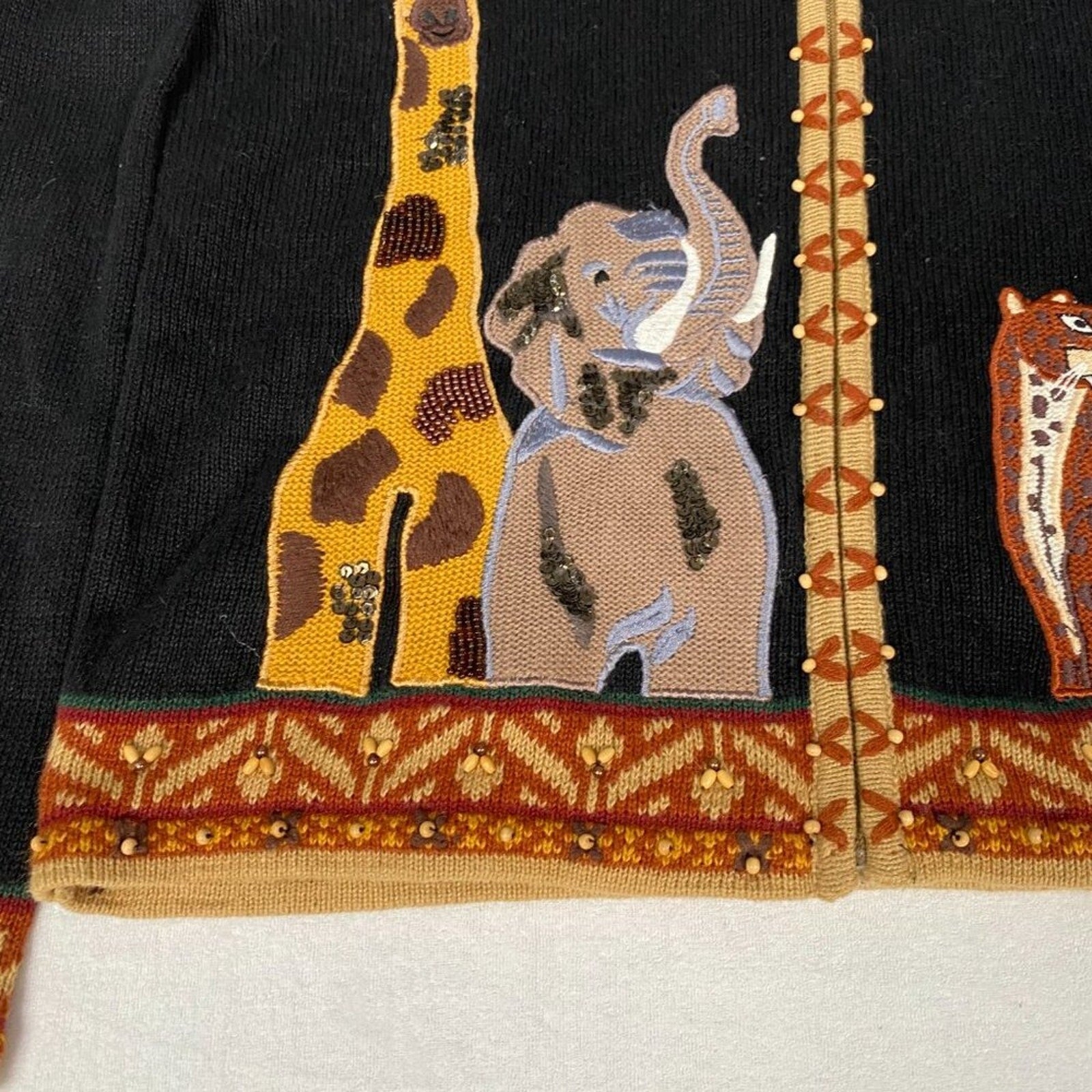 Arriviste Ramie Cotton Safari Animals Palm Knit Beaded Embroidered Sweater