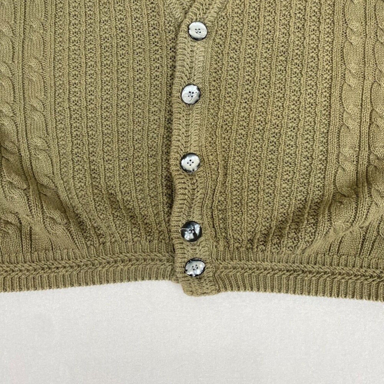 Vintage Ramie Cotton Blend Concrete Heavy Cable Knit Green Button Down Cardigan