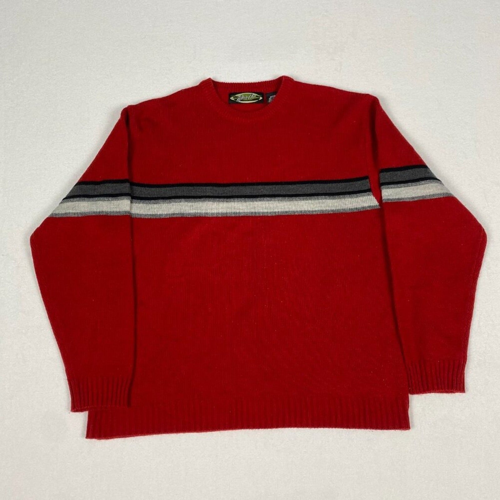 Vintage Y2k White Out Skating Red Striped Knit Crewneck Pullover Sweater Large