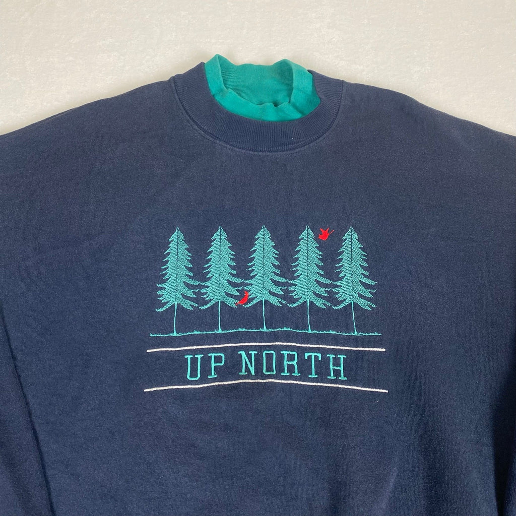 Vintage Up North Minnesota Layered Collar Evergreen Tree Bird Blue Sweatshirt