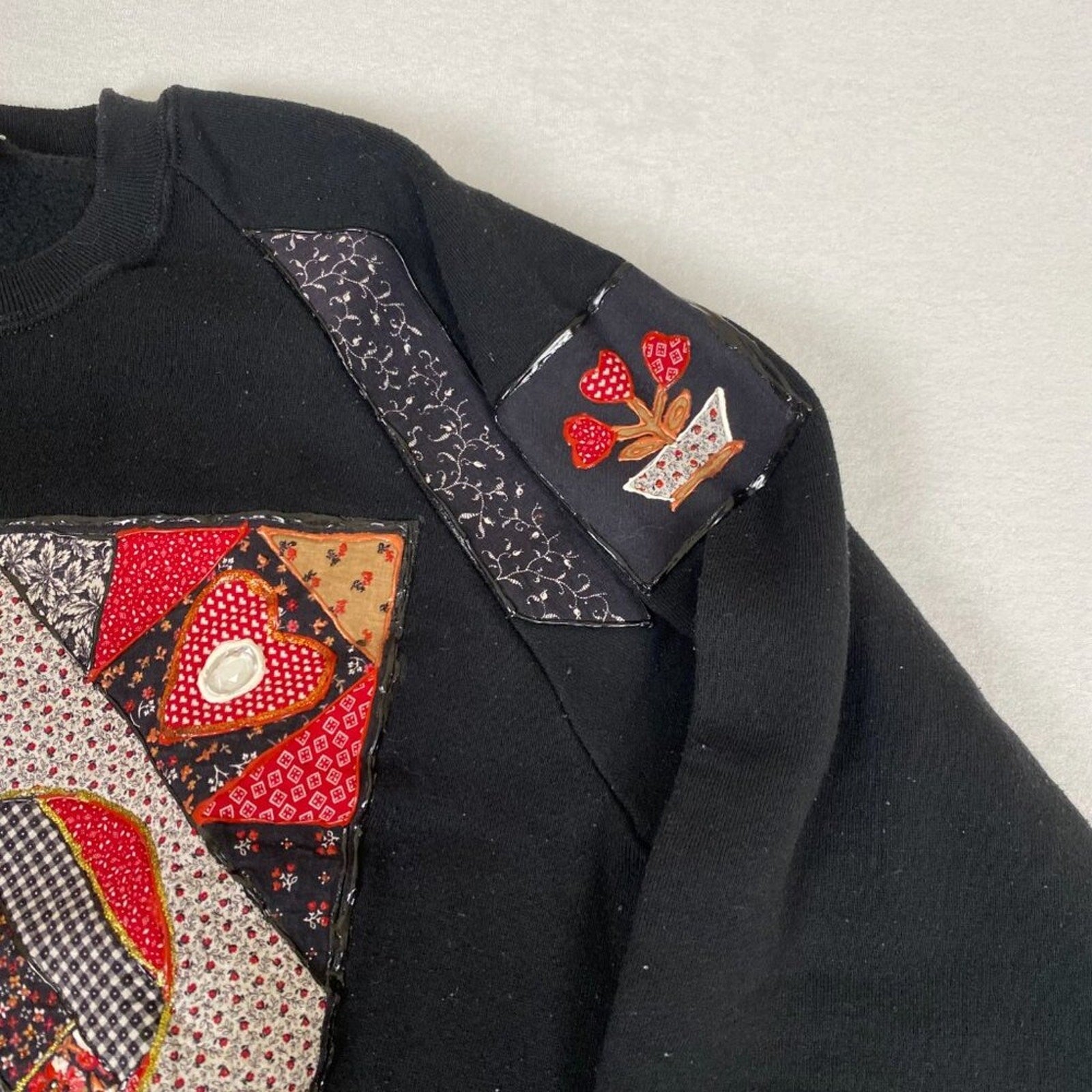 Vintage Made in USA Art Embroidered Quilted Jeweled Heart Paisley Sweatshirt