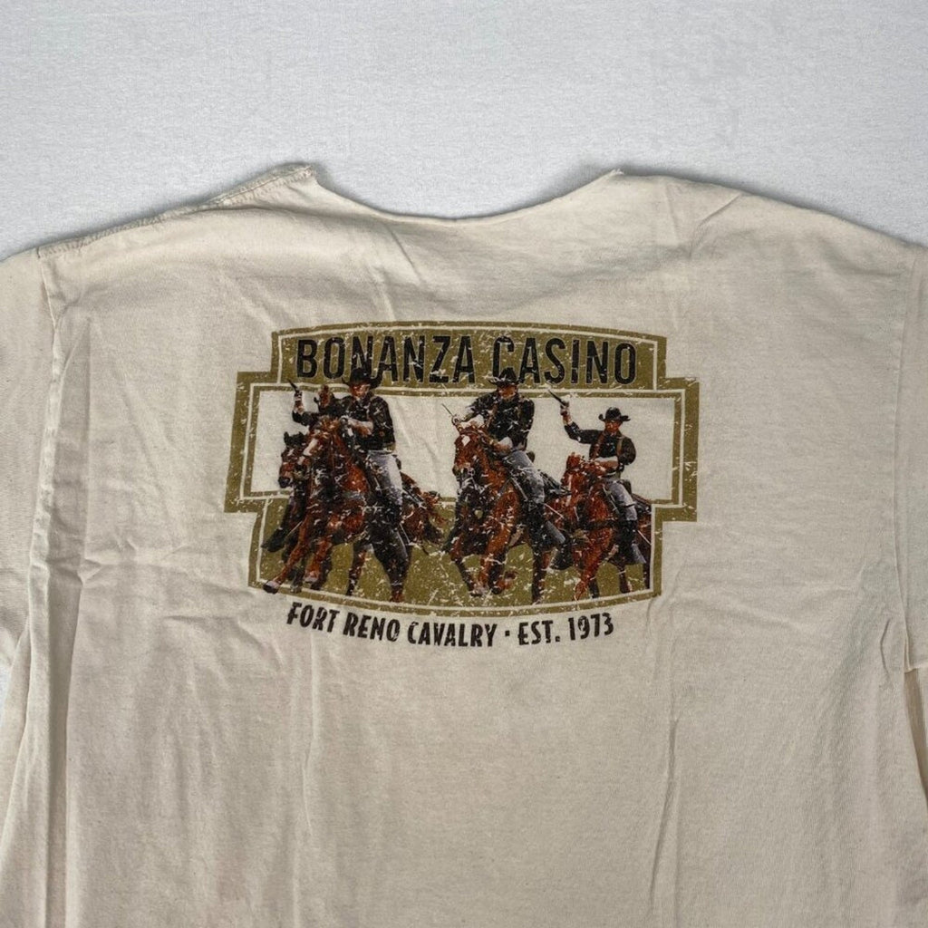 Bonanza Casino Reno Nevada Cowboy Distressed Open Collar White Tee