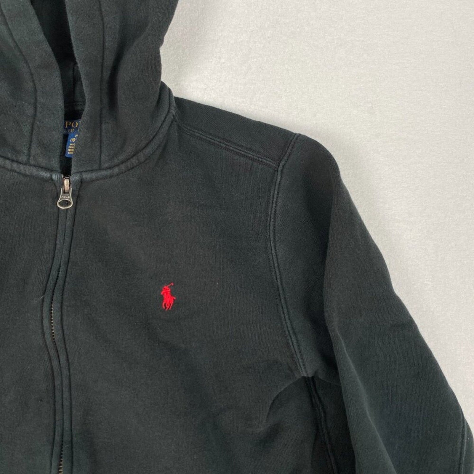 Polo Ralph Lauren Boy's Faded Black Red Polo Graphic Zipper Hoodie Sweatshirt