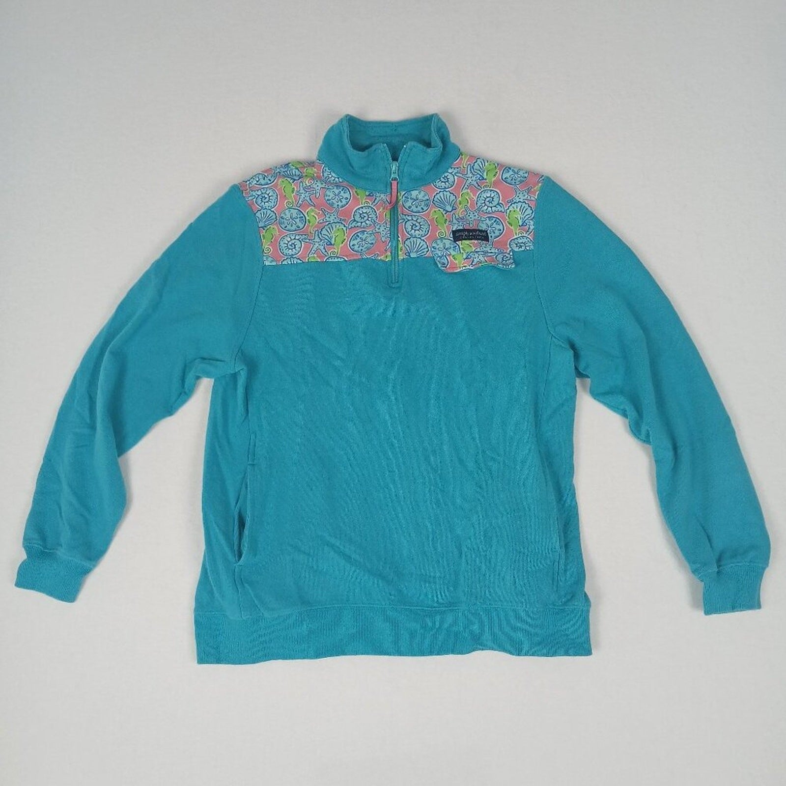 Simply Southern Seahorse Shellfish Starfish Ocean 1/4 Zip Blue Pink Sweater
