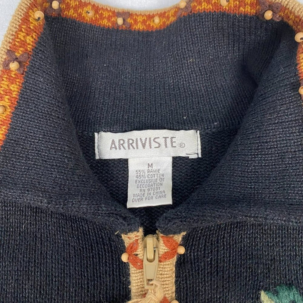 Arriviste Ramie Cotton Safari Animals Palm Knit Beaded Embroidered Sweater