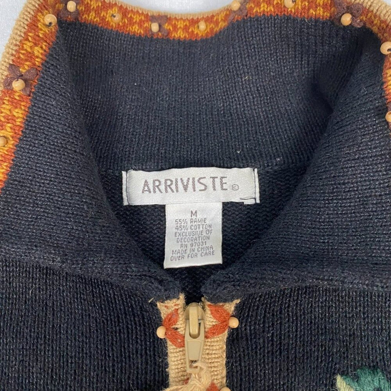 Arriviste Ramie Cotton Safari Animals Palm Knit Beaded Embroidered Sweater
