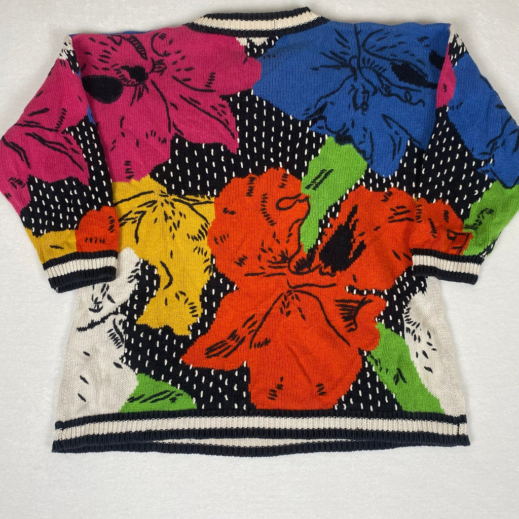 Vintage Claus Ramie Cotton Blend Floral Allover Abstract Knit Sweater Medium 