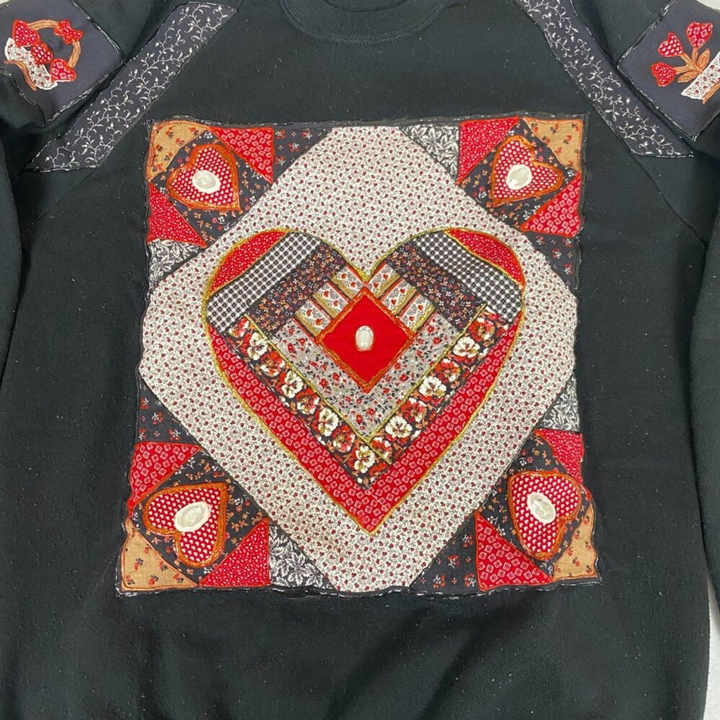 Vintage Made in USA Art Embroidered Quilted Jeweled Heart Paisley Sweatshirt