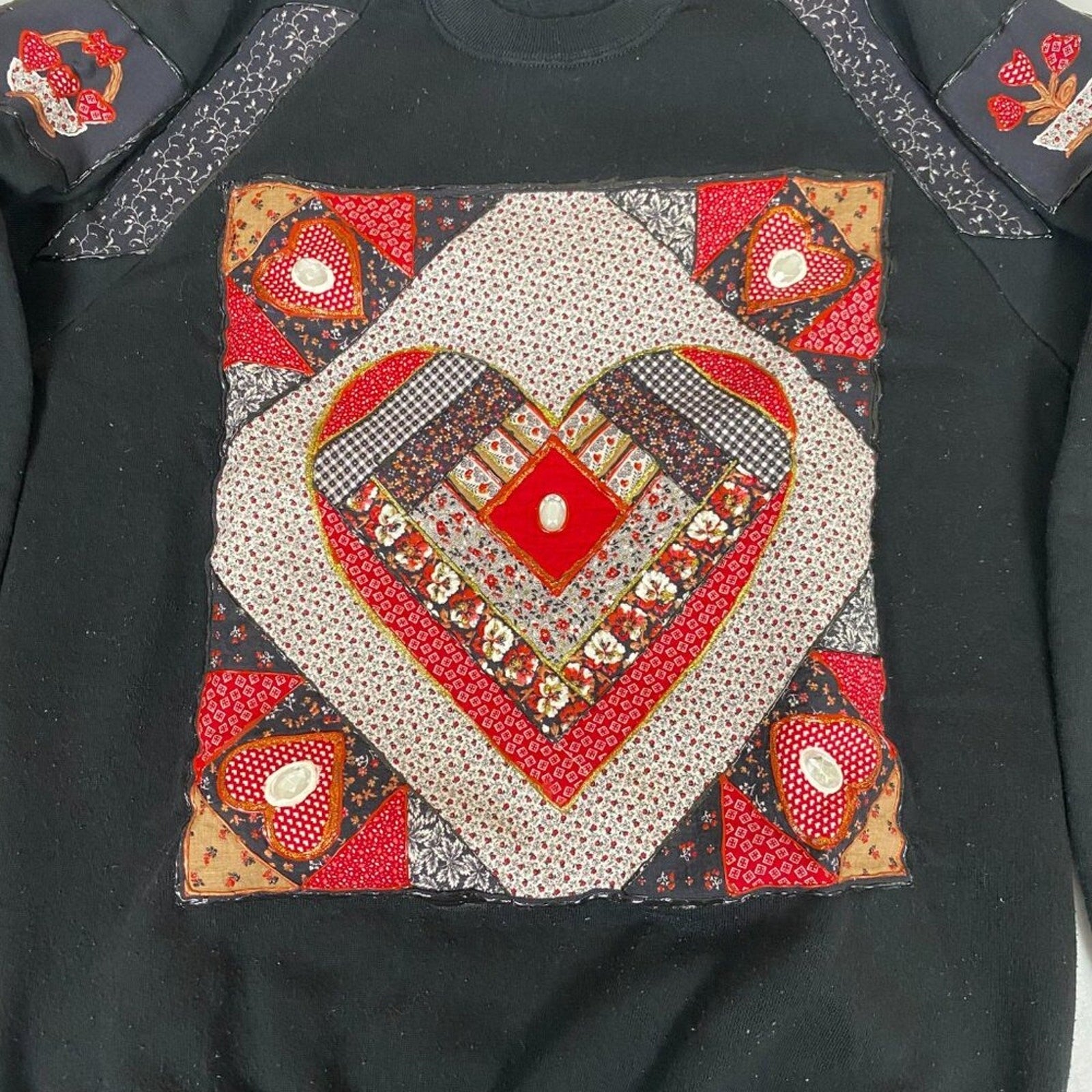 Vintage Made in USA Art Embroidered Quilted Jeweled Heart Paisley Sweatshirt