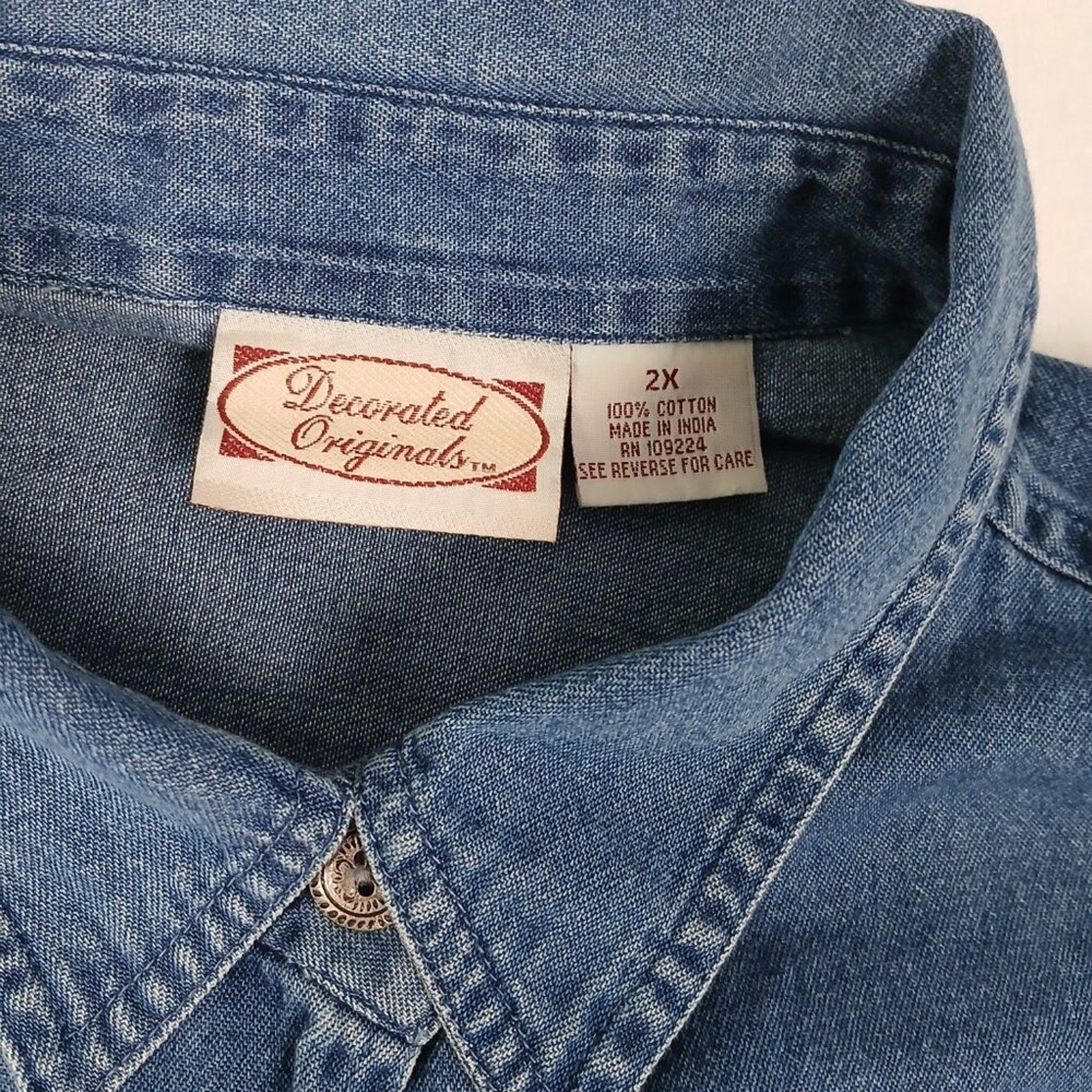 Vintage Floral Embroidered Denim Blue Cotton Metal Button Pocket Long Shirt