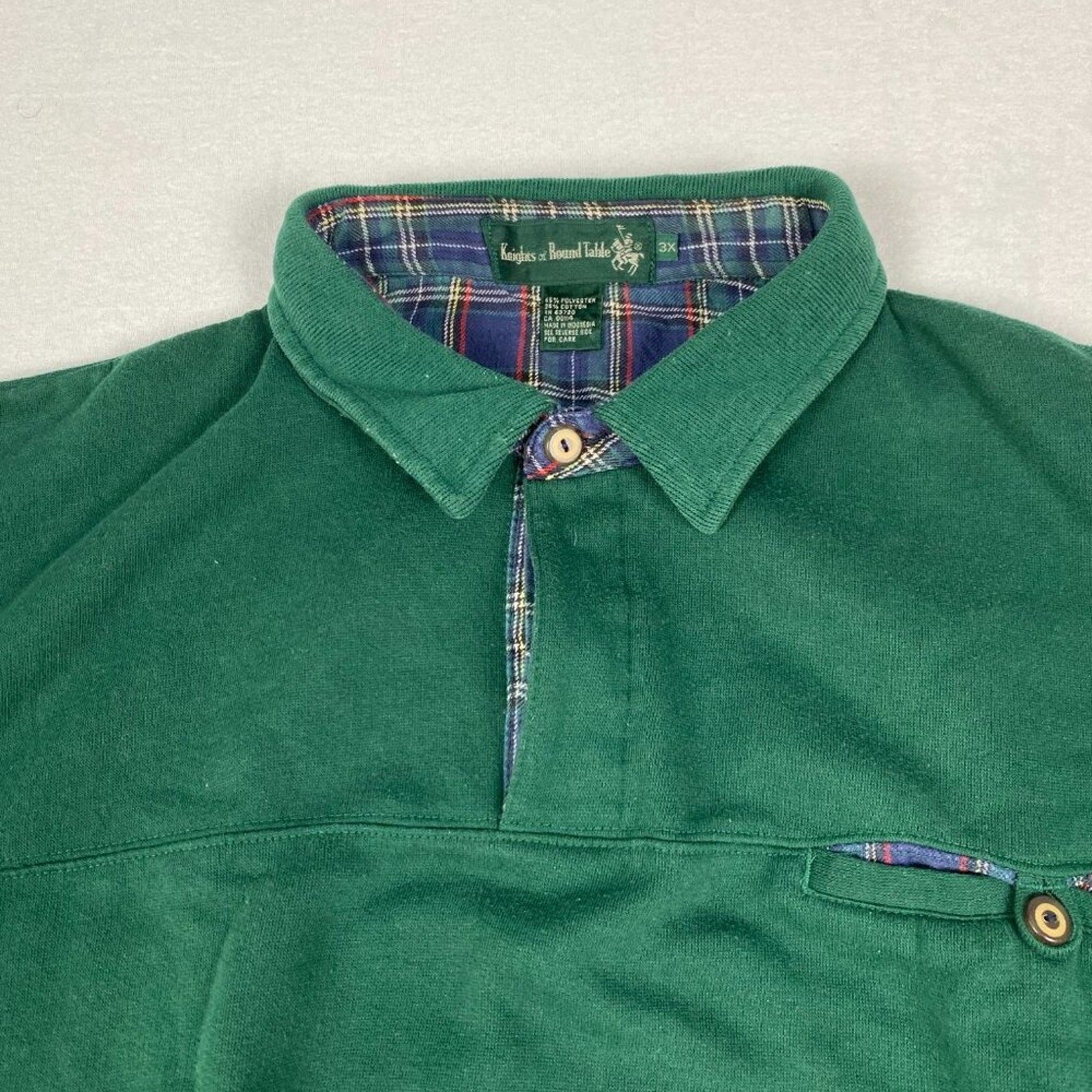 Vintage Knights of Roundtable Green Plaid Detail Collared 1/4 Button Sweater