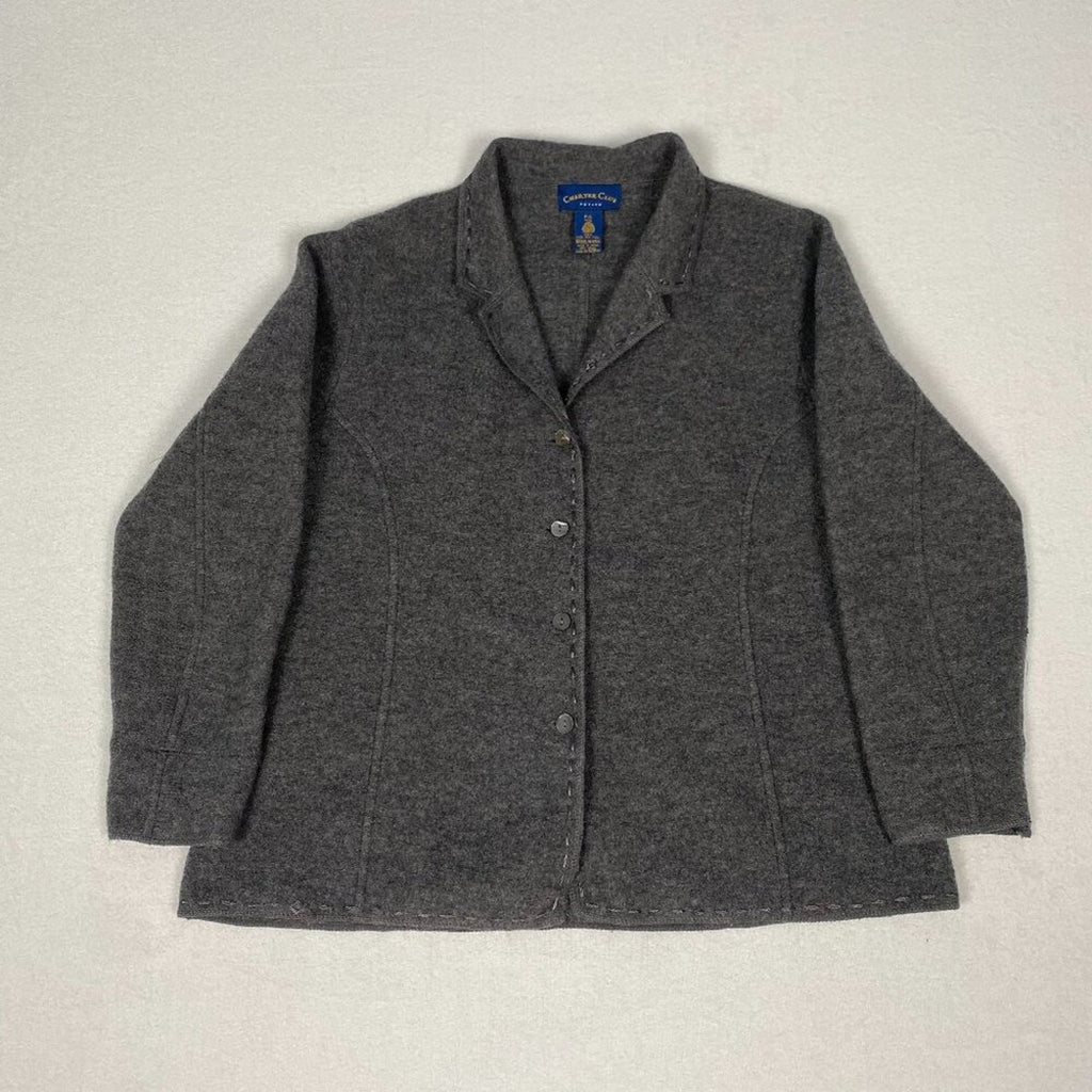 Vintage 90s Charter Club Wool Women's Embroidered Hem Grey Coat Large Petite