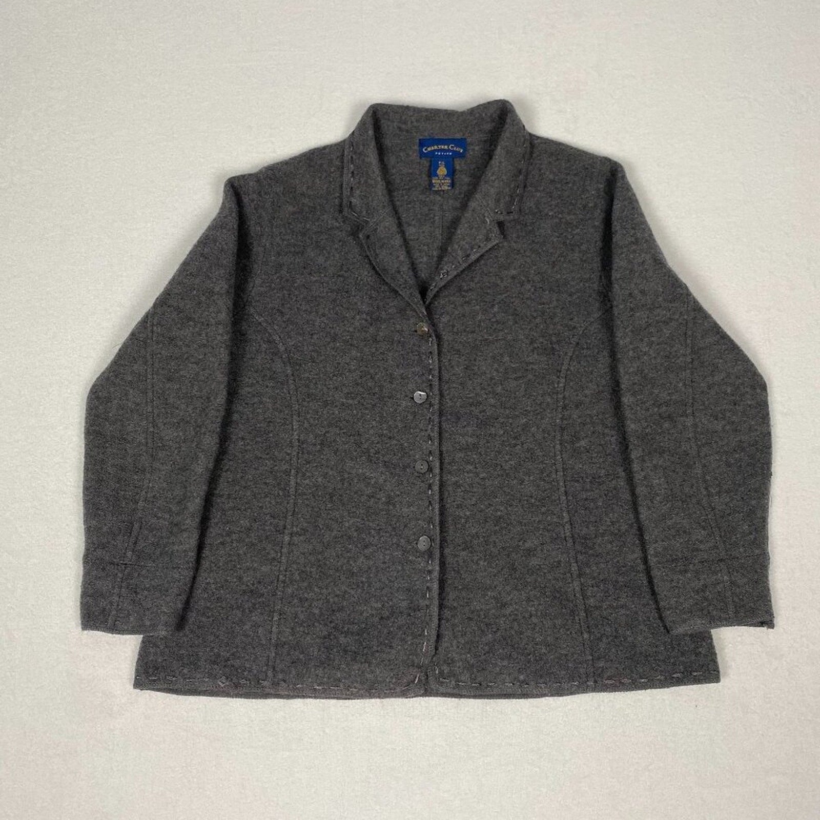 Vintage 90s Charter Club Wool Women's Embroidered Hem Grey Coat Large Petite