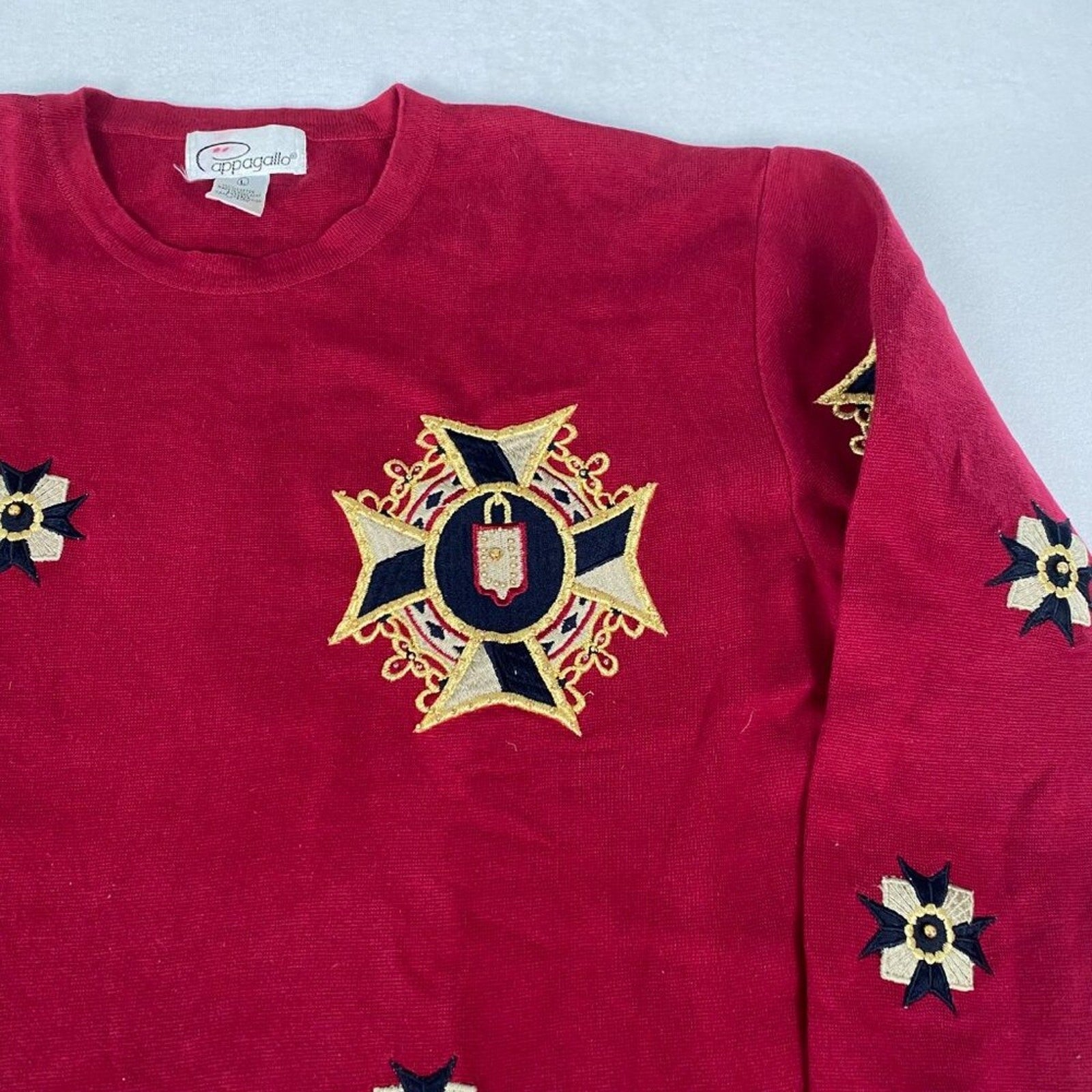 Vintage 80s Embroidered Ornate Heraldic Starburst Crest Tunic Red Knit Sweater