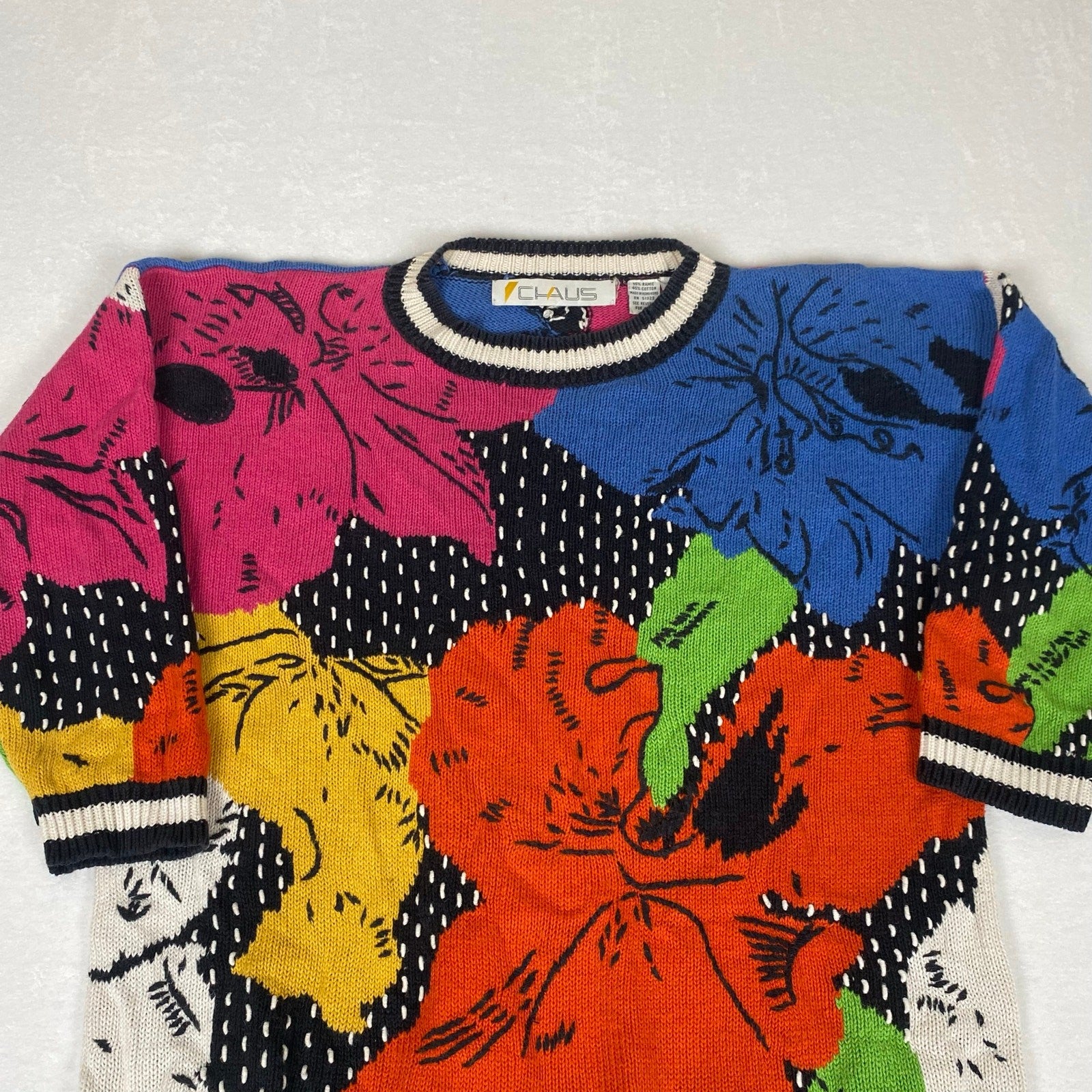 Vintage Claus Ramie Cotton Blend Floral Allover Abstract Knit Sweater Medium 
