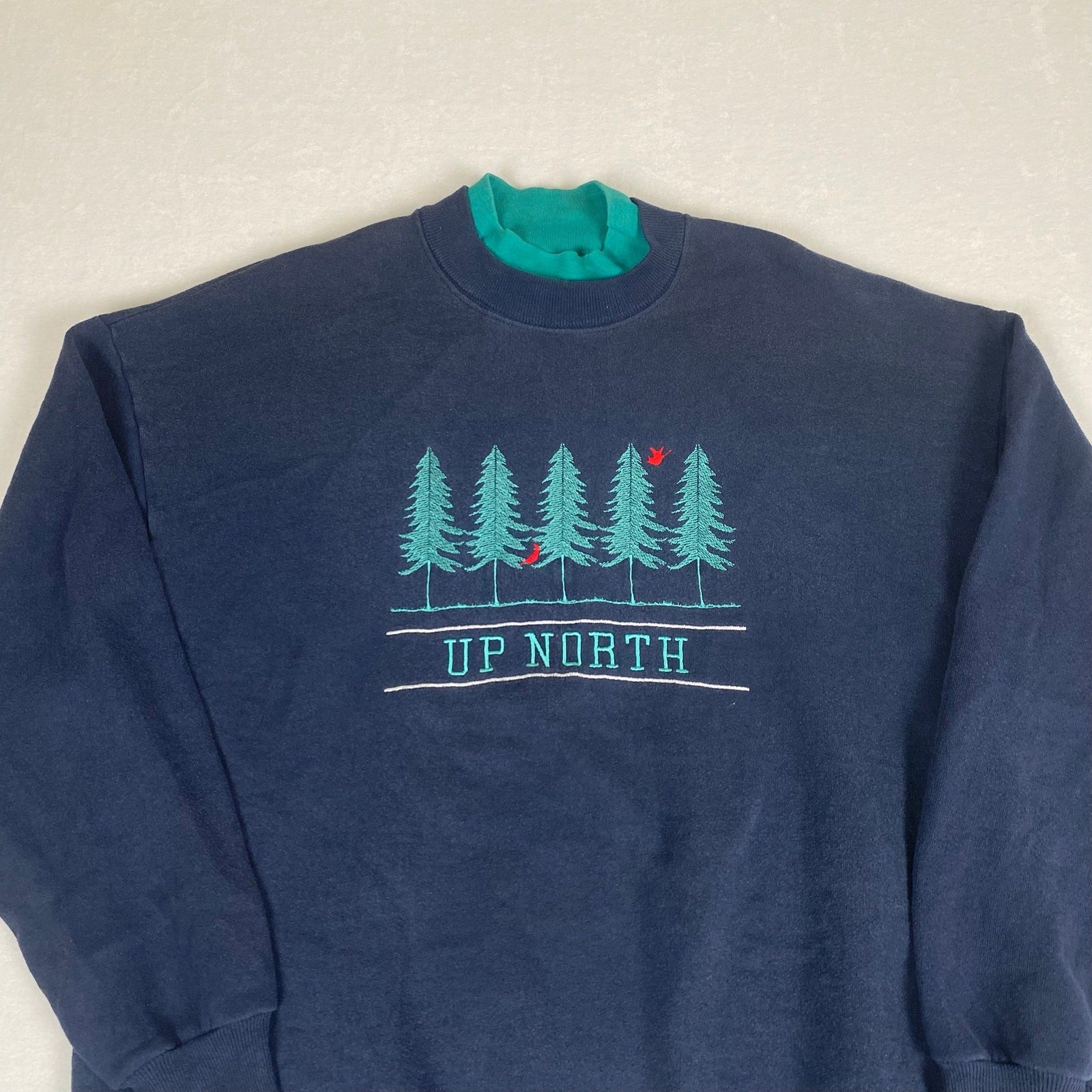 Vintage Up North Minnesota Layered Collar Evergreen Tree Bird Blue Sweatshirt