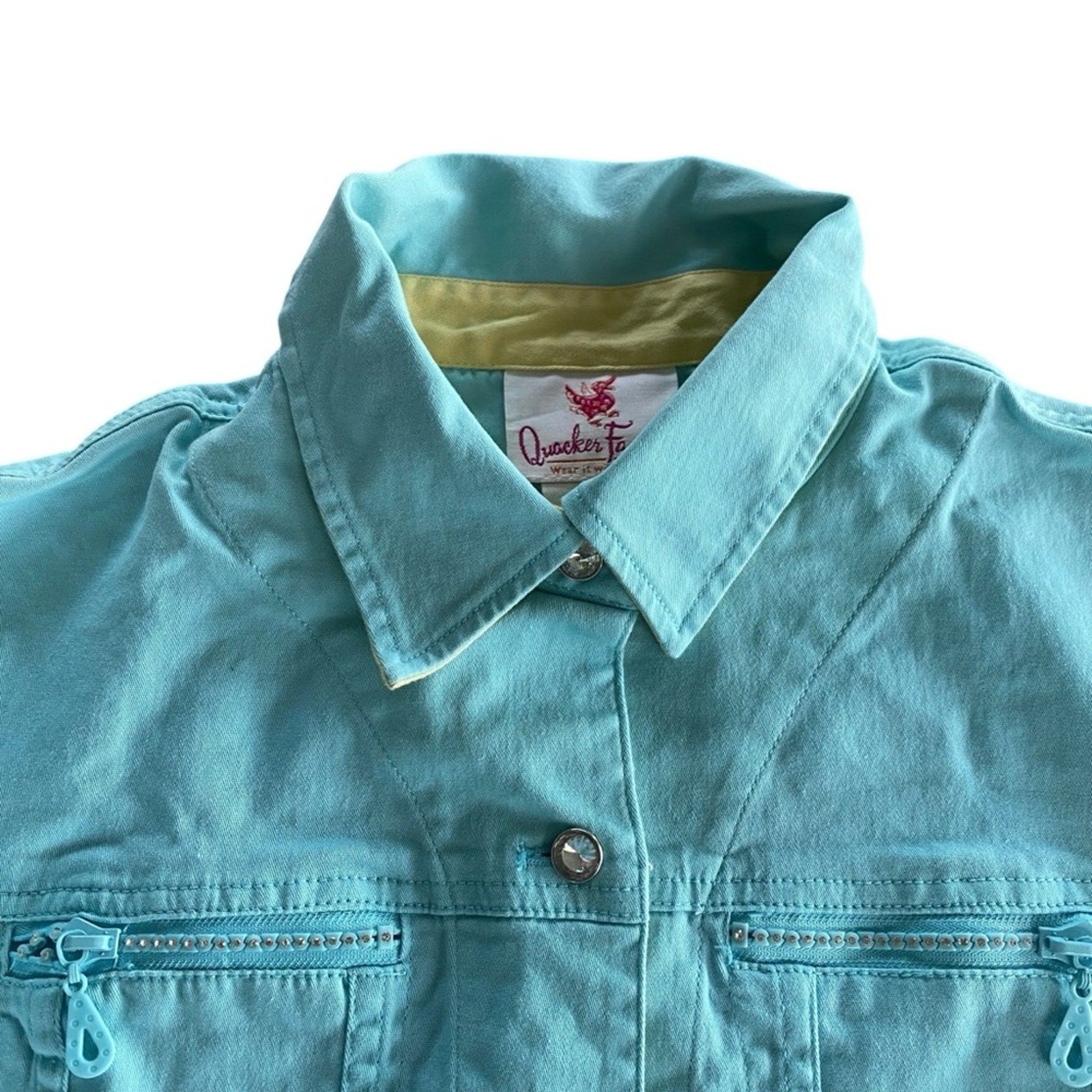 Quacker Factory Rhinestone Fringe Hem Baby Blue Denim Style Chore Button Jacket