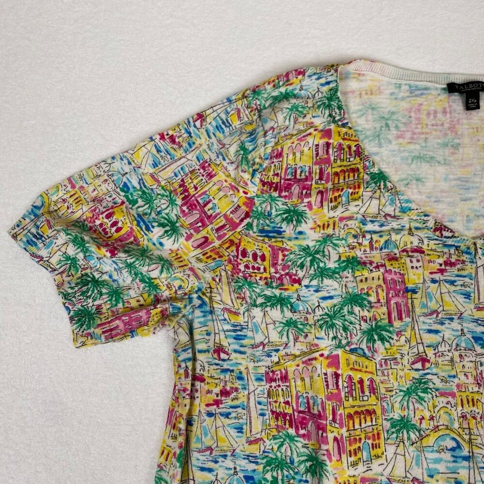 Talbots Summer European Beach Sail Vacation Print Knotted Hem Cotton Blouse