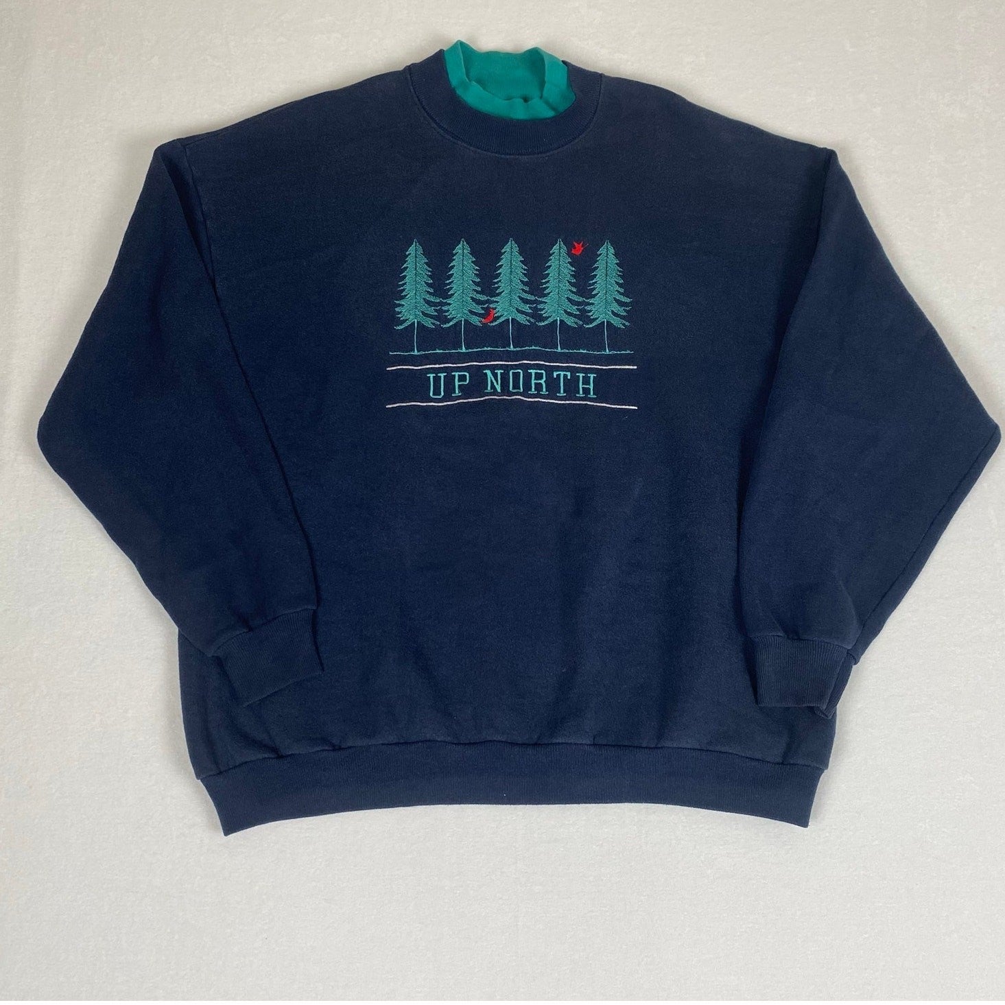 Vintage Up North Minnesota Layered Collar Evergreen Tree Bird Blue Sweatshirt