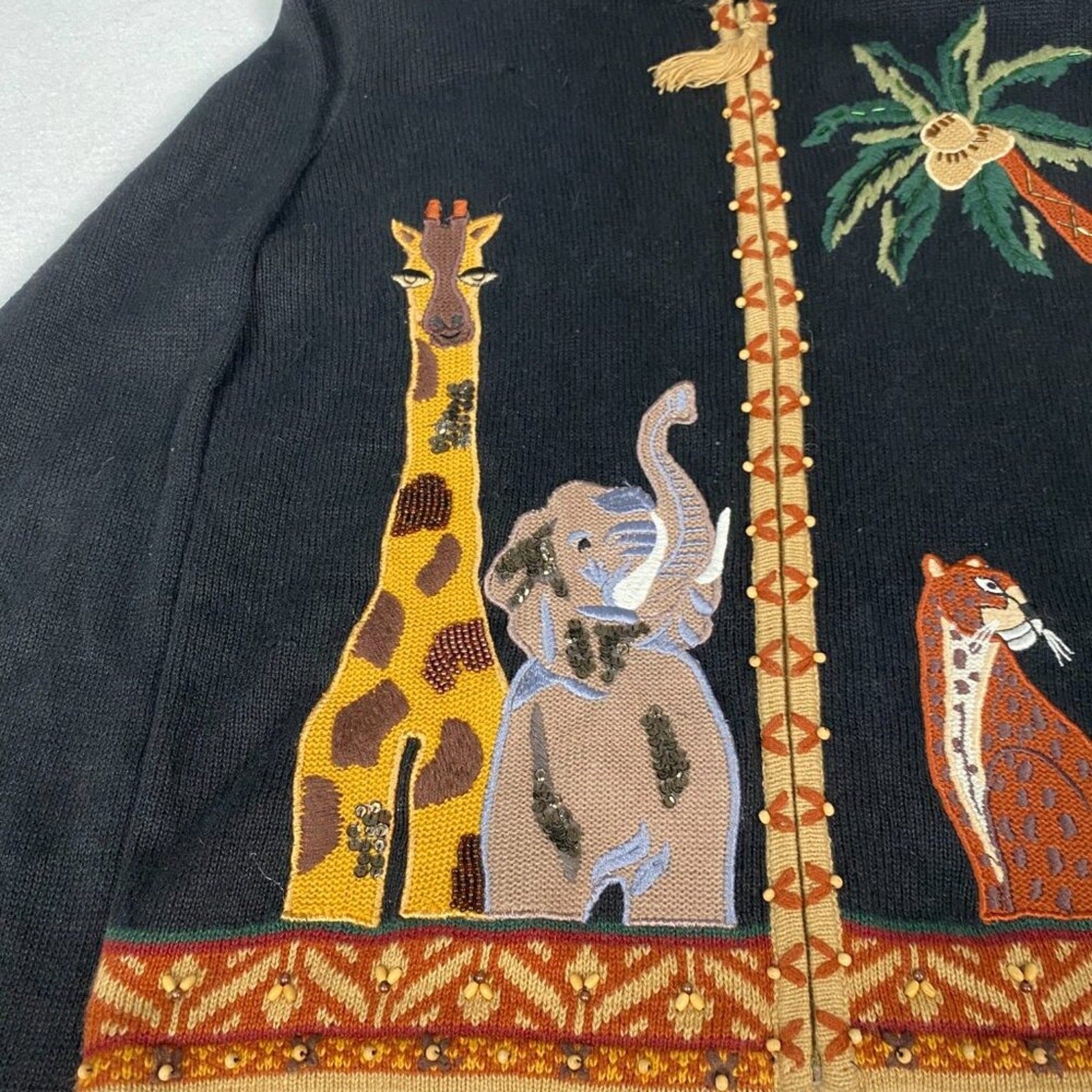 Arriviste Ramie Cotton Safari Animals Palm Knit Beaded Embroidered Sweater