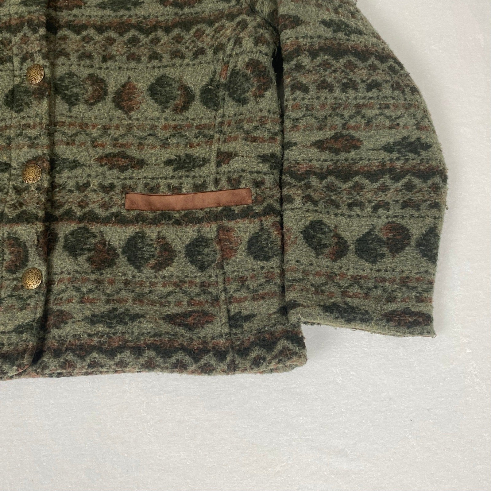 Woolrich Made in USA Native Fall Leaf Navajo Print Green Metal Button Coat