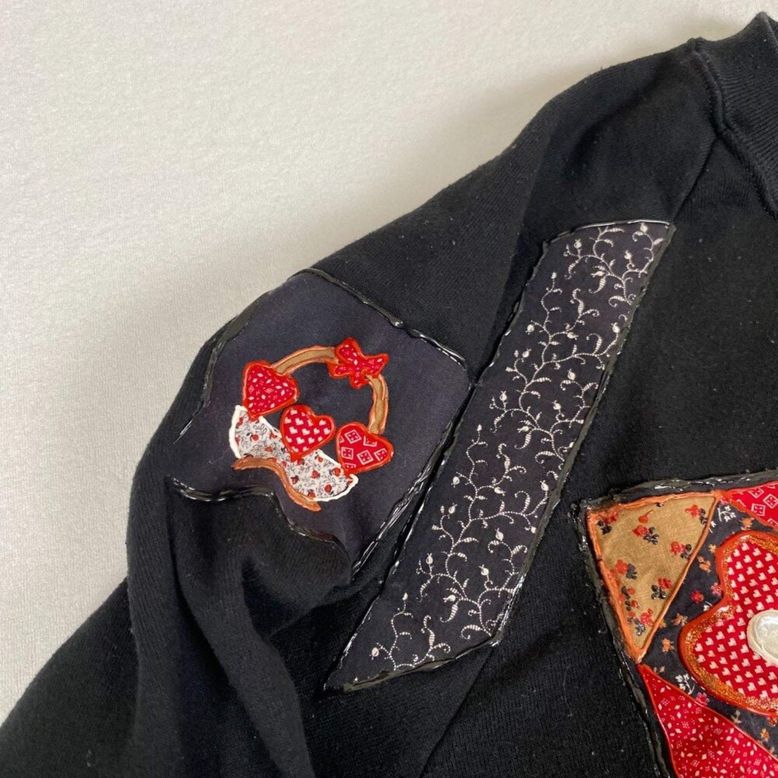Vintage Made in USA Art Embroidered Quilted Jeweled Heart Paisley Sweatshirt
