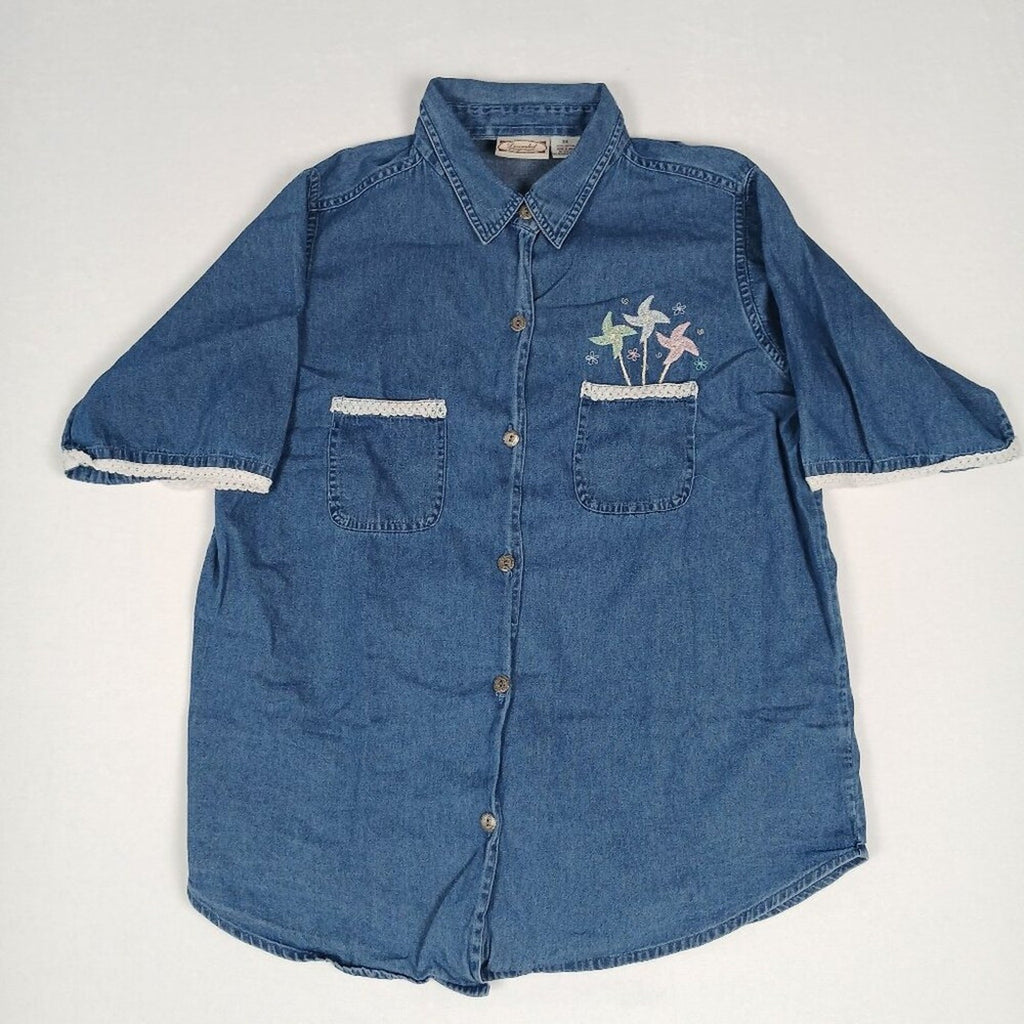 Vintage Floral Embroidered Denim Blue Cotton Metal Button Pocket Long Shirt