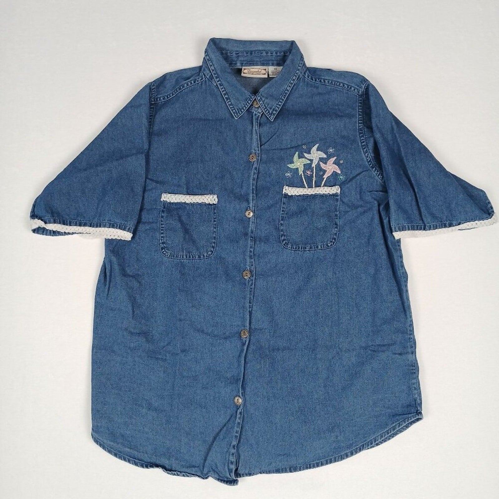 Vintage Floral Embroidered Denim Blue Cotton Metal Button Pocket Long Shirt
