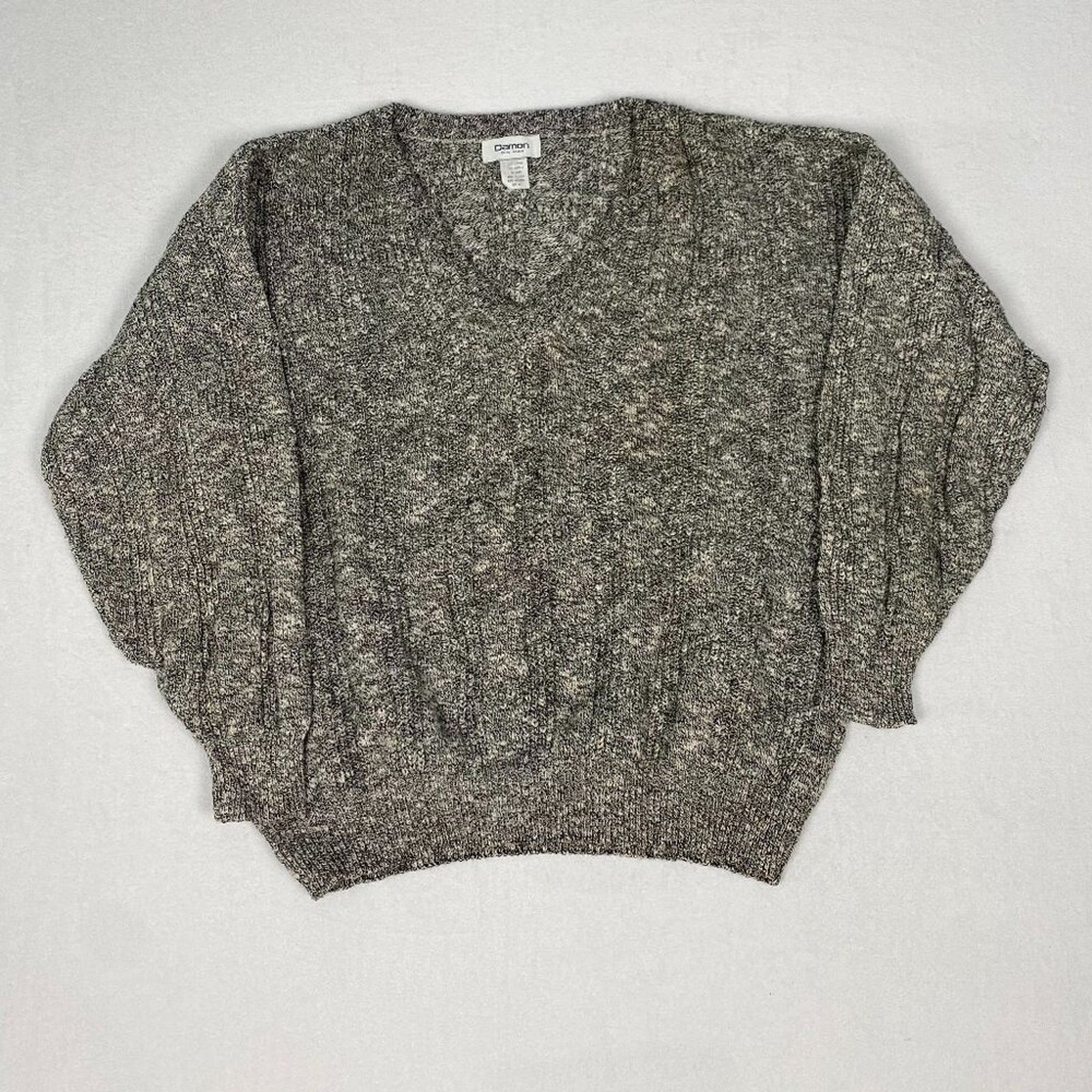 Vintage Damon Made in USA Big Man Grey Soft Heavy Textured Knit V Neck Sweater