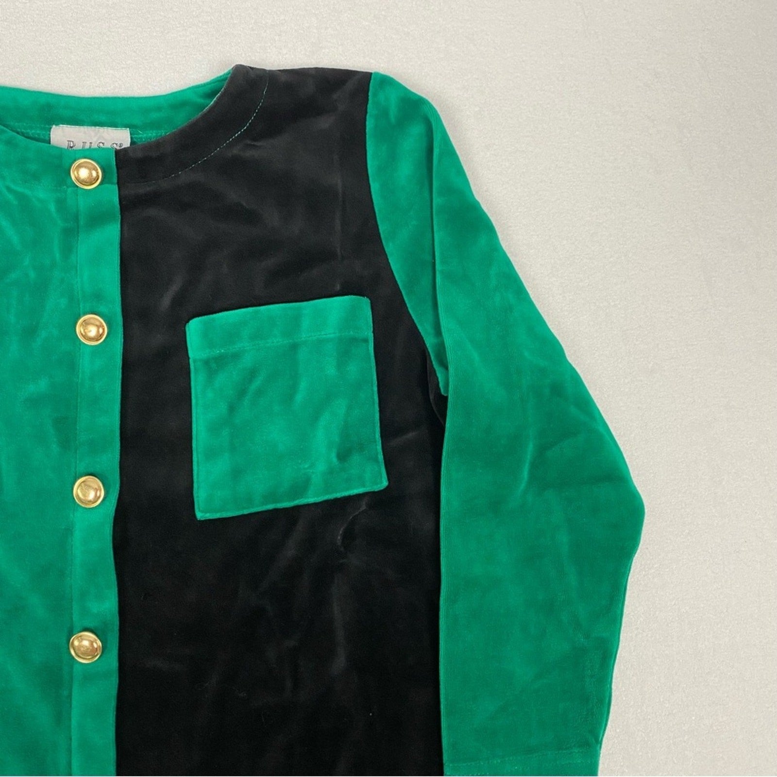 Vintage 90s Russ Petites Felted Green Black Color Block Gold Button Down Blouse