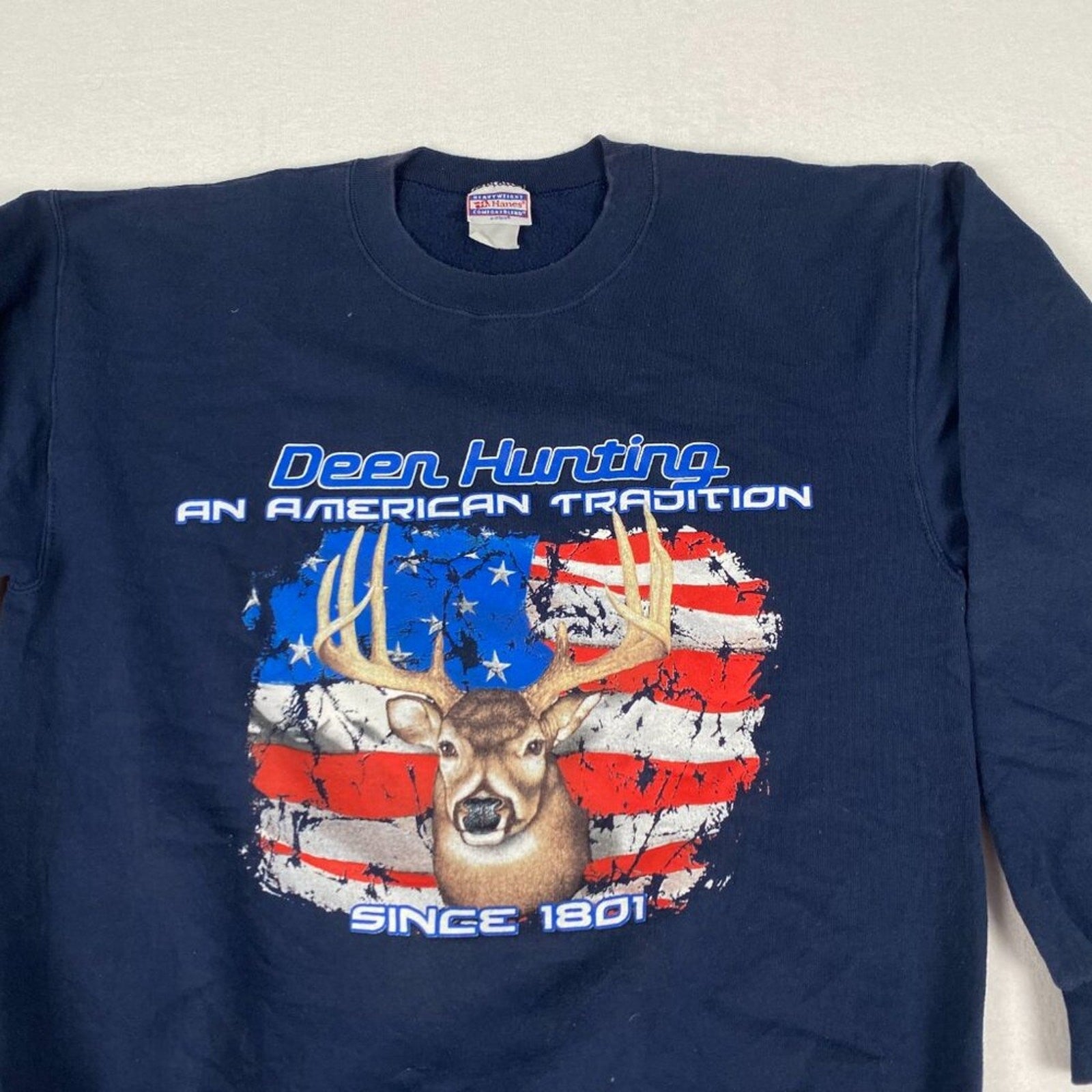 Deer Hunting American Tradition Buck Flag Graphic Navy Blue Crewneck Sweatshirt