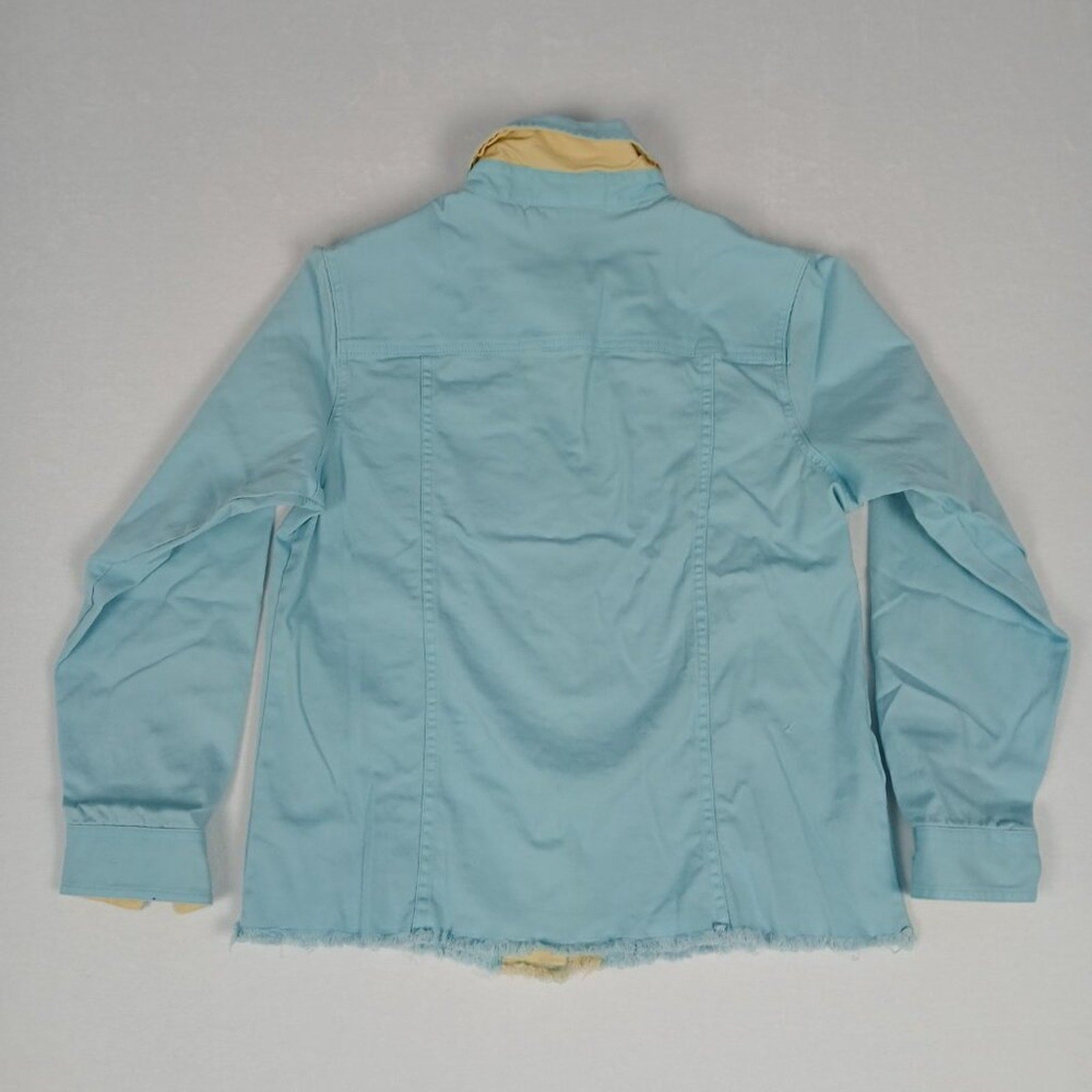 Quacker Factory Rhinestone Fringe Hem Baby Blue Denim Style Chore Button Jacket
